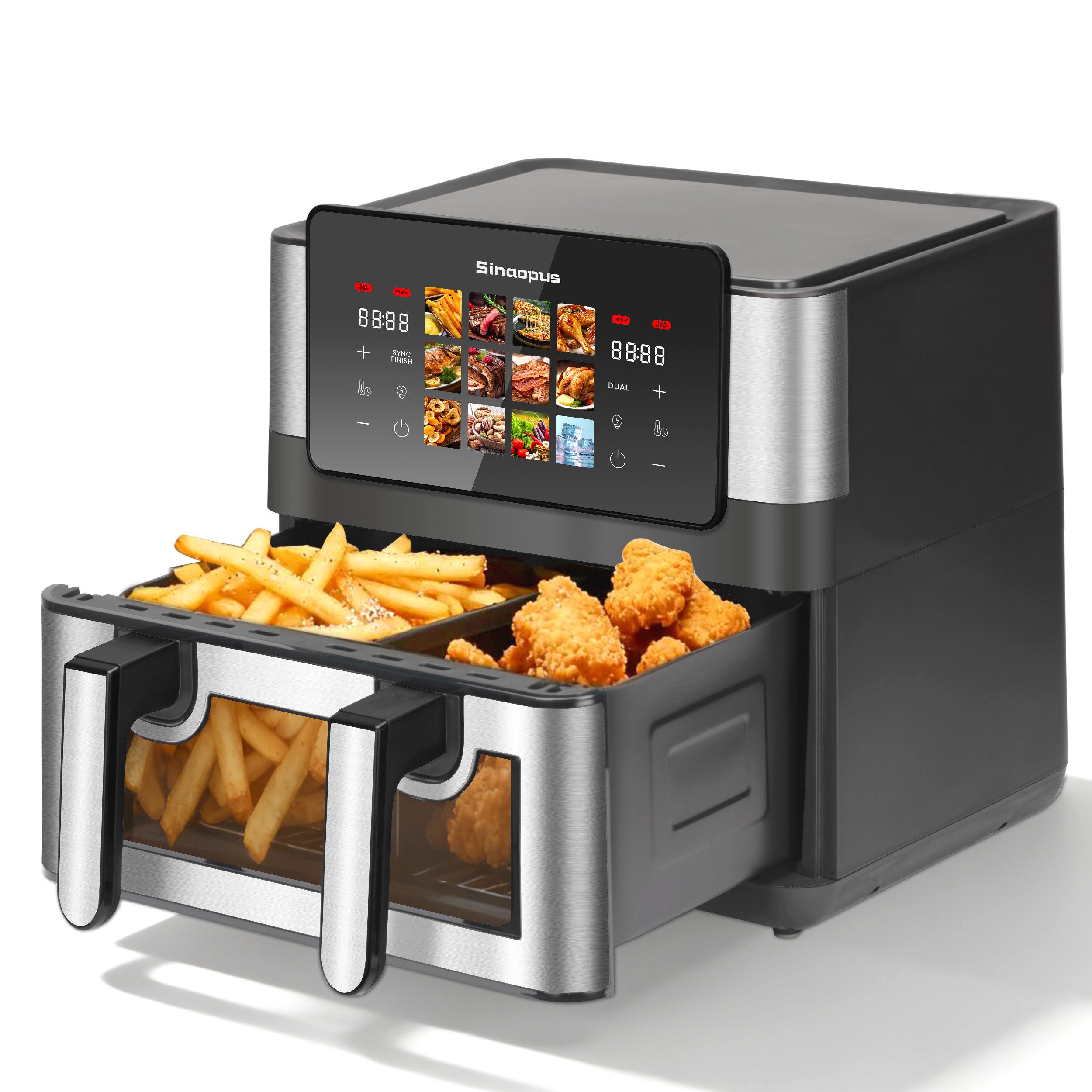 WHEELYOU Heißluftfritteuse 8,5L, 2000W Airfryer mit Doppel-/Einzelkammer, Sichtfenster & 12 Programmen, 2000 W, Umschaltbarer Airfryer mit Touchdisplay, Trennwand & 80–200 °C