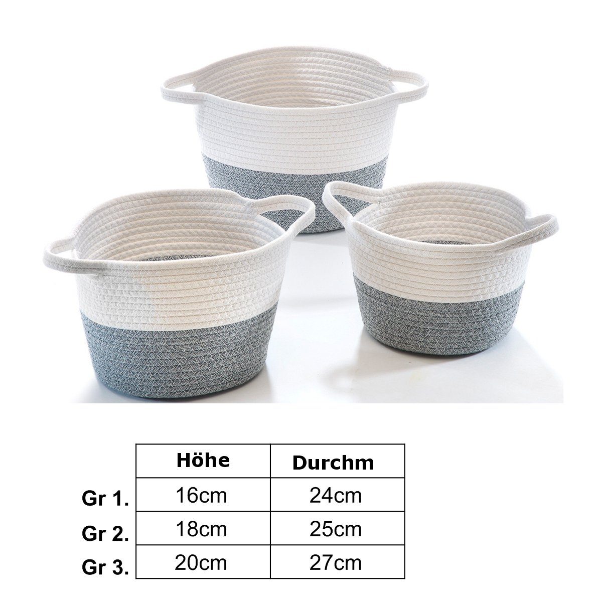 Kobolo Aufbewahrungskorb Baumwollkorb rund grau weiß mit Griffen 3er Set günstig online kaufen
