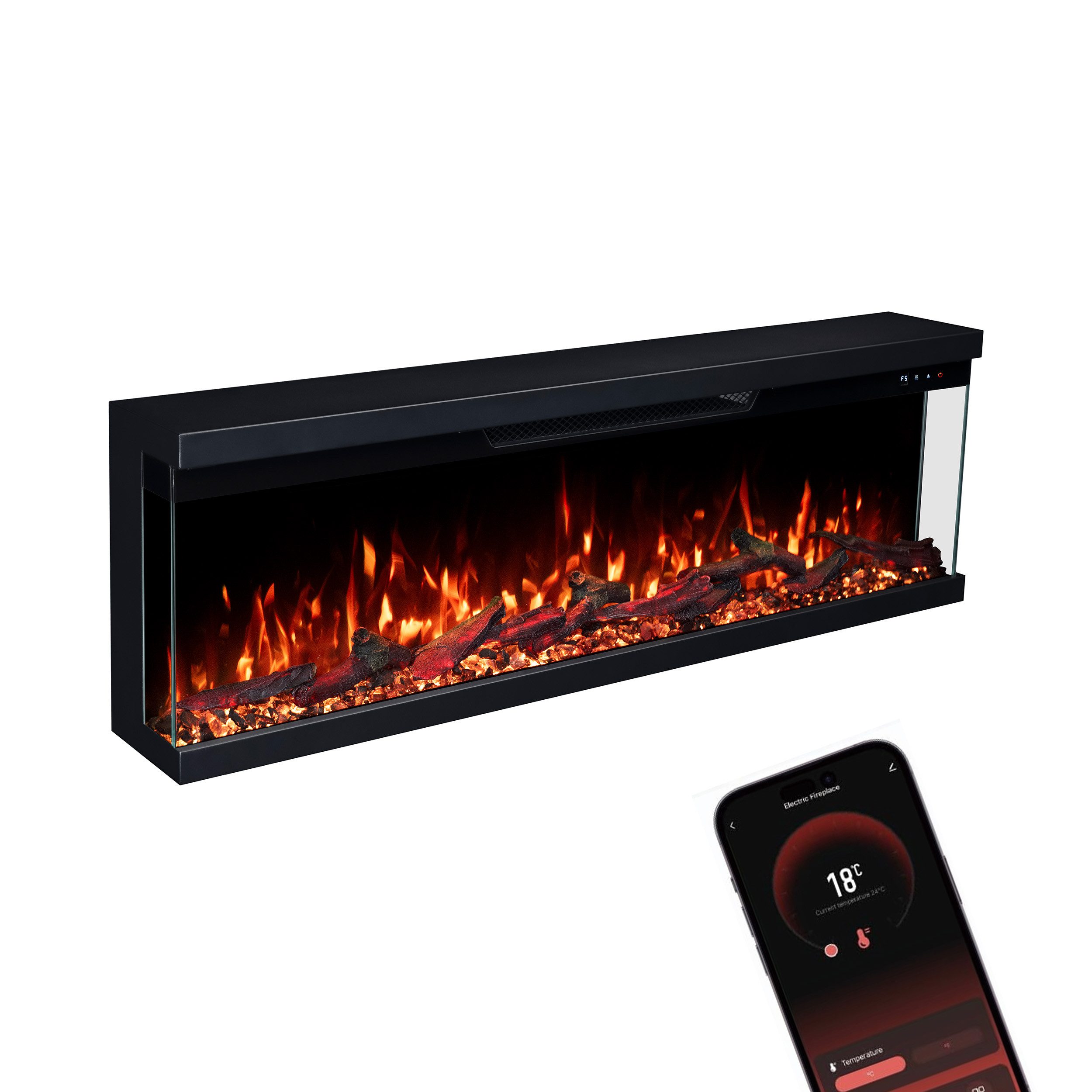 GLOW FIRE Elektrokamin Insert Wandkamin mit 3D Feuer und Heizung (Thermostat, 900- 1800 W), Elektrischer Stand-, Wand- oder Einbaukamin mit APP Steuerung, LED