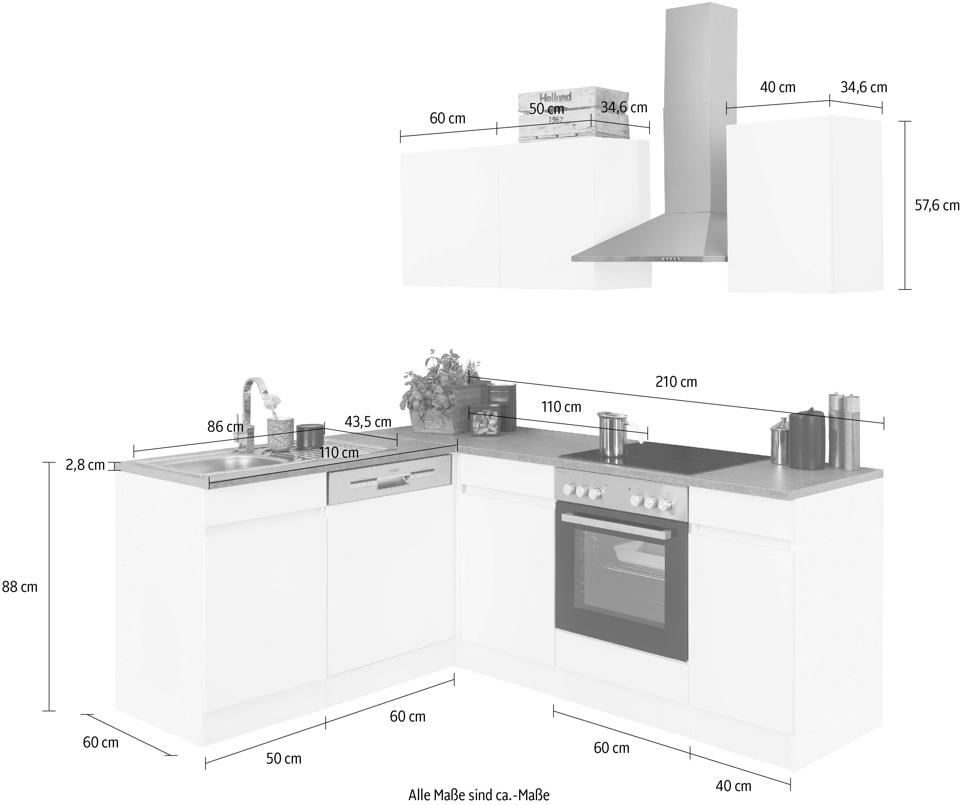 Meuble de cuisine OPTIFIT Roth, dimensions 210 x 175 cm, avec électroménager en option, fonction d'ouverture par simple pression