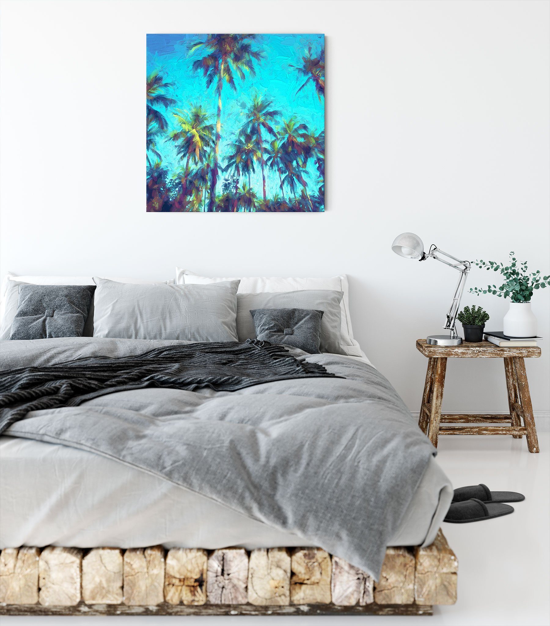(1 St), fertig Tropische Kunst Leinwandbild Pixxprint Palmen inkl. bespannt, Palmen Leinwandbild Zackenaufhänger Kunst, Tropische