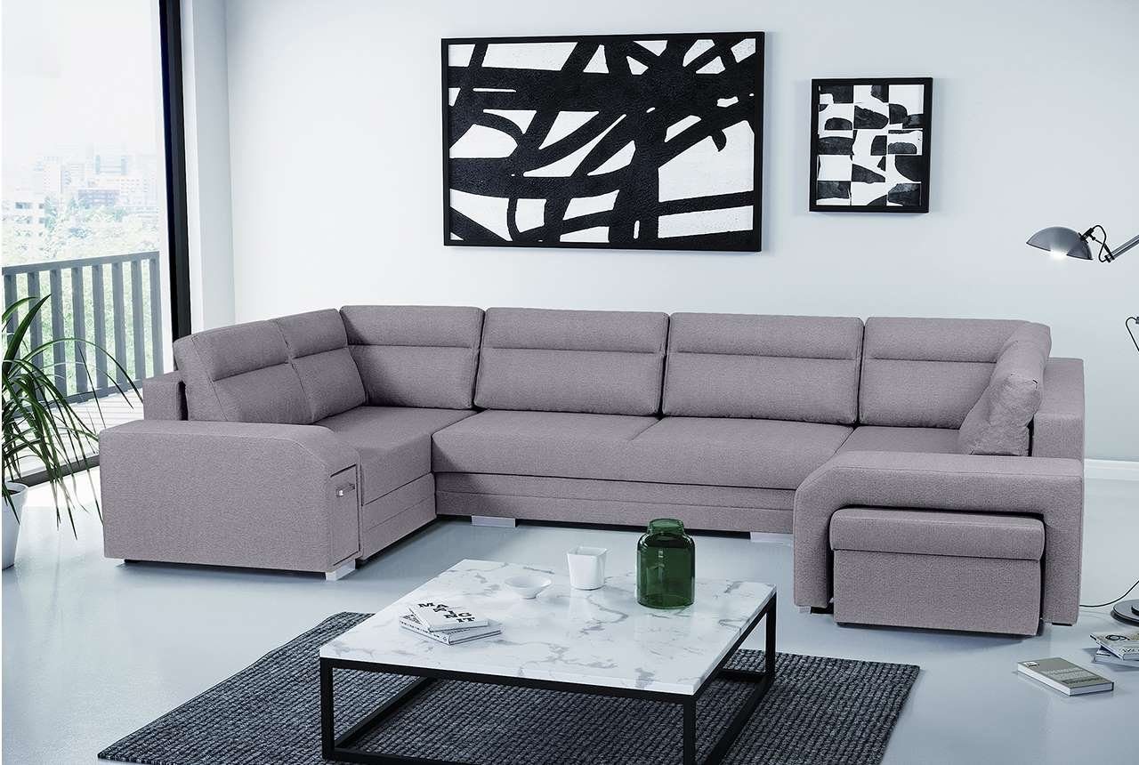 Minibar ALVA - MKS U-Form Sofa Schlaffunktion Hellgrau Mit Ecksofa Inari MÖBEL U, mit Ecksofa und Hocker