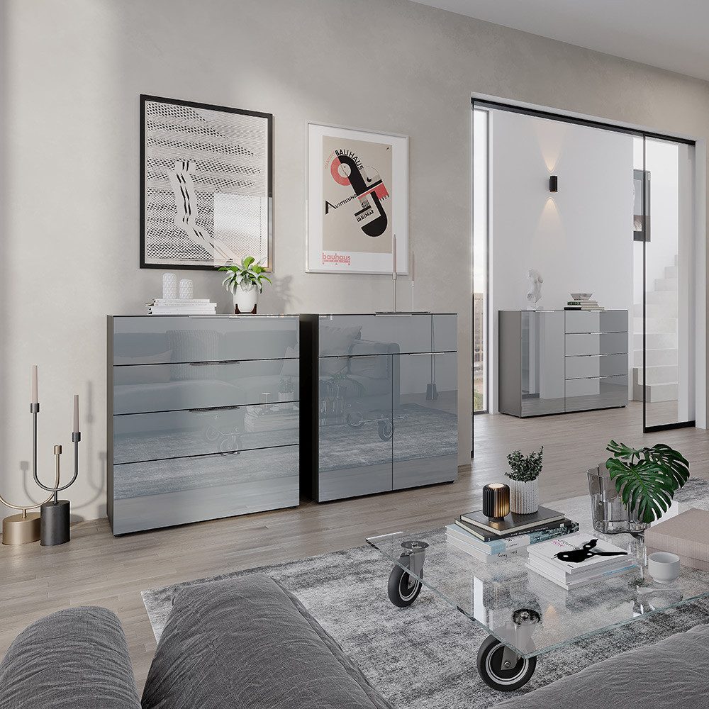 Lomadox Wohnzimmer-Set OXFORD-01, (Mega-Spar-Set, 3-St., Kommoden Sideboard), Kommode Sideboard in silbergrau mit graphit modern Glasfront