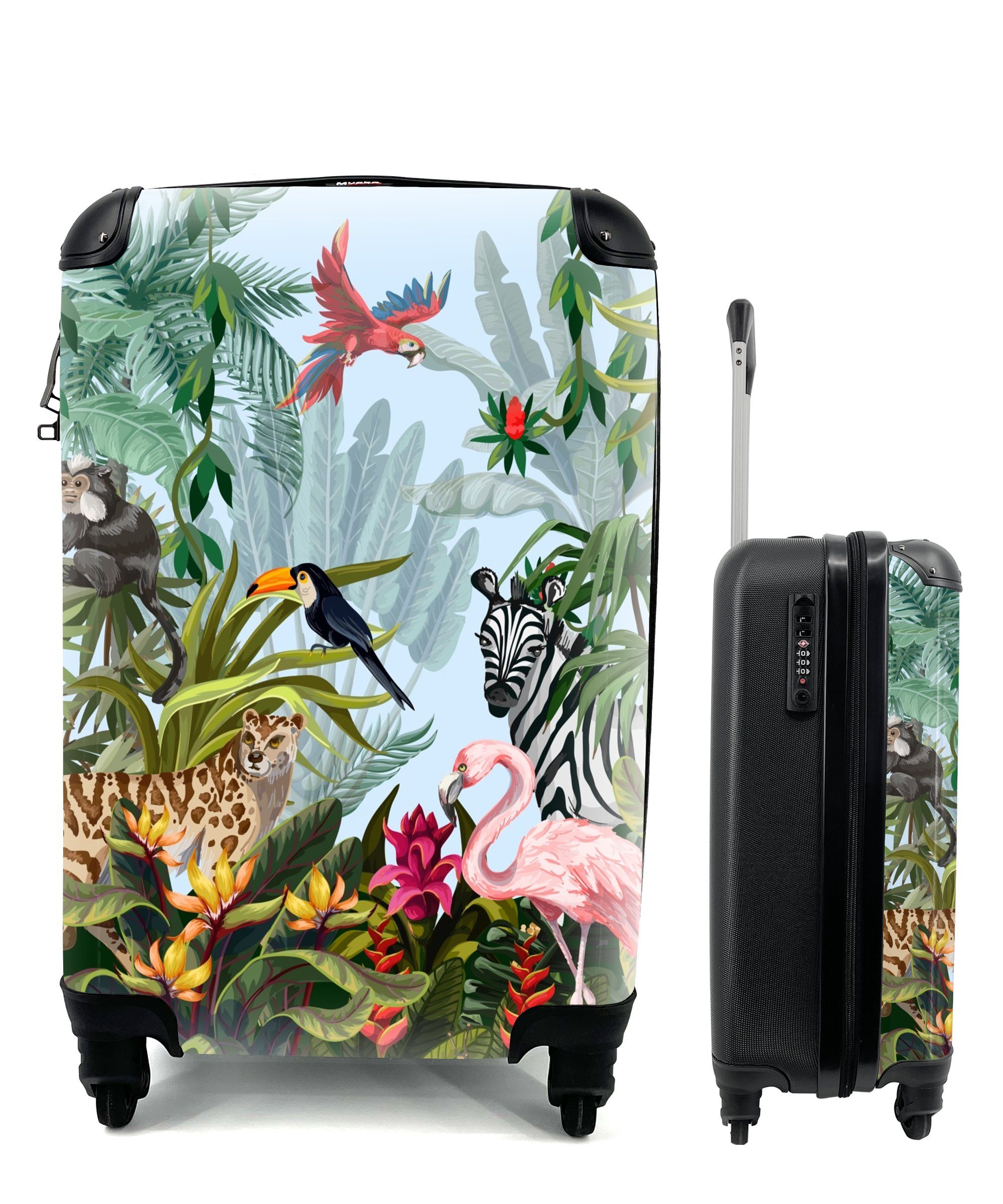 MuchoWow Handgepäckkoffer Trolley, Dschungel - - Ferien, Reisekoffer - Natur 4 Reisetasche mit - Rollen, - Handgepäck Jungen Flamingo, Zebra Mädchen für Kinder rollen, 