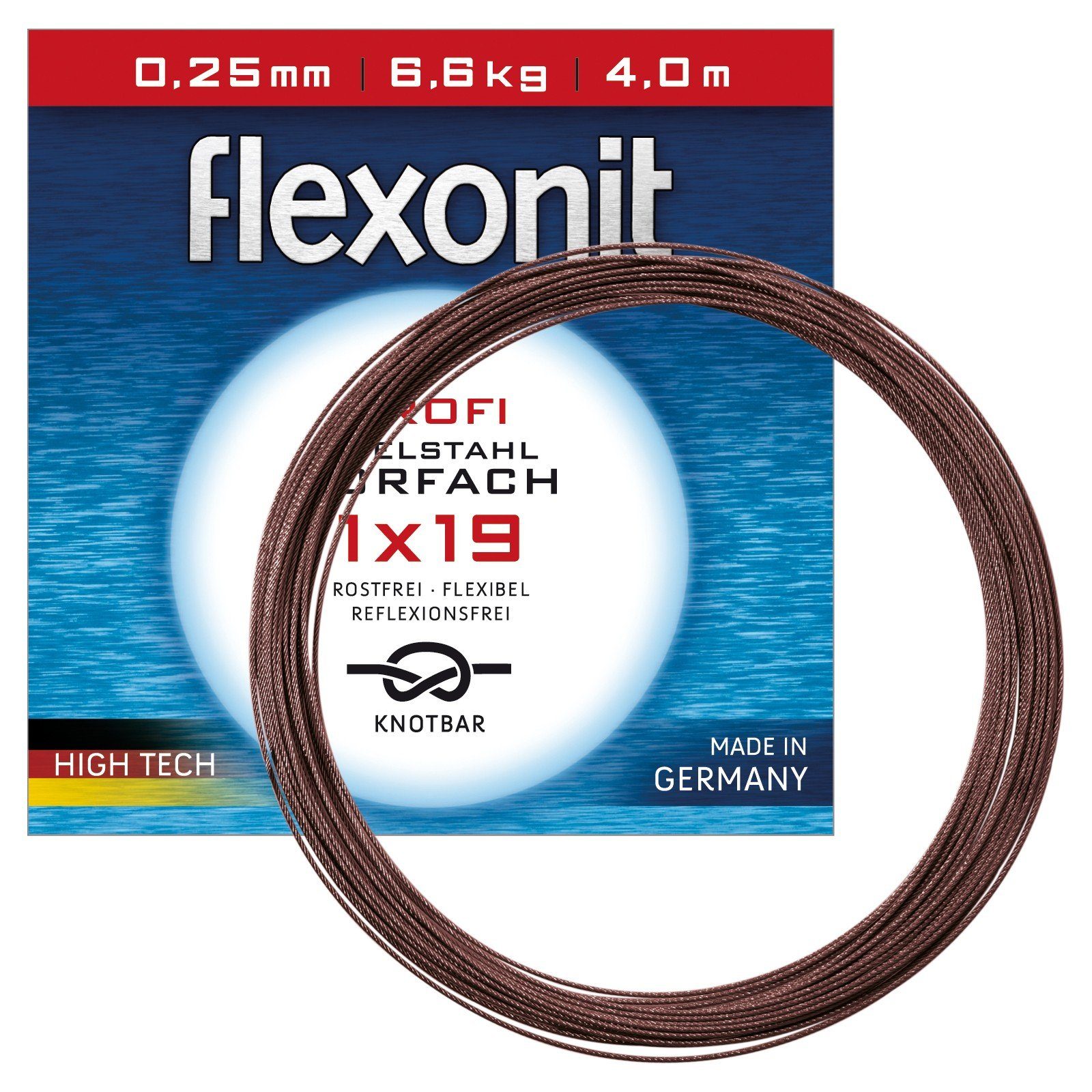 flexonit Vorfachschnur, 20 m Länge, flexonit 1x19 Meterware 0,25mm/6,6kg/20m Stahlvorfach