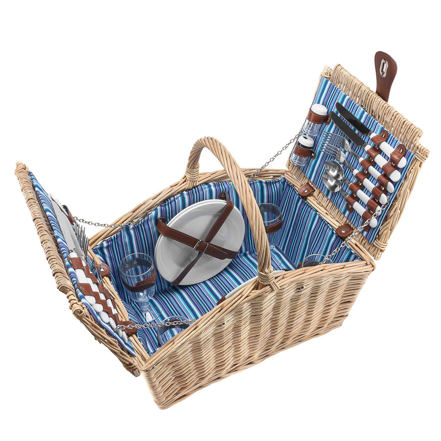 anndora Picknickkorb für 4 Personen + Zubehör 23 teilig, Innenliegende Riemen zum fixieren - bruchfeste Kunststoffgläser