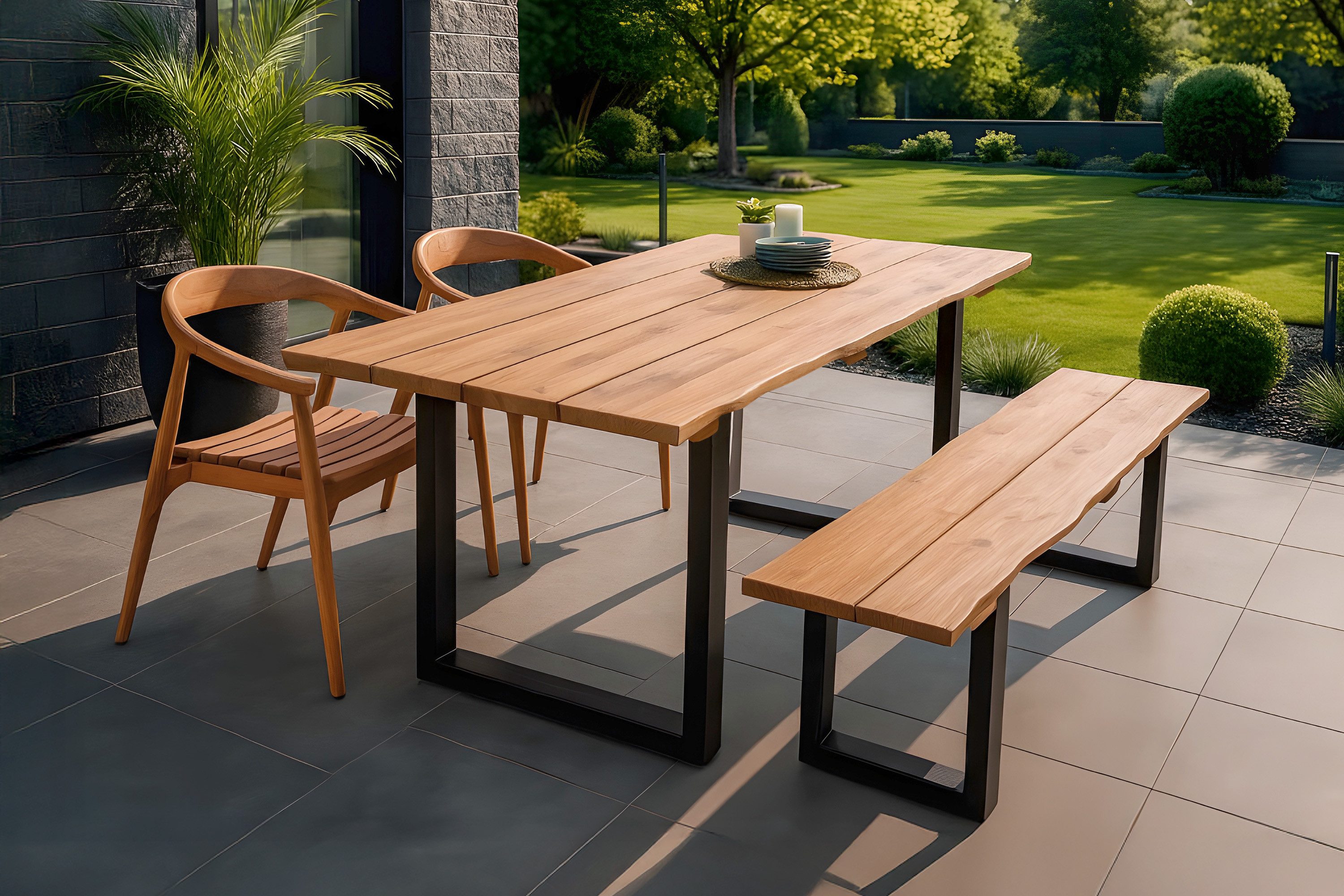 SAM® Essgruppe Medellin, outdoor, massives Teakholz, Tisch mit U-Gestell und Bänke