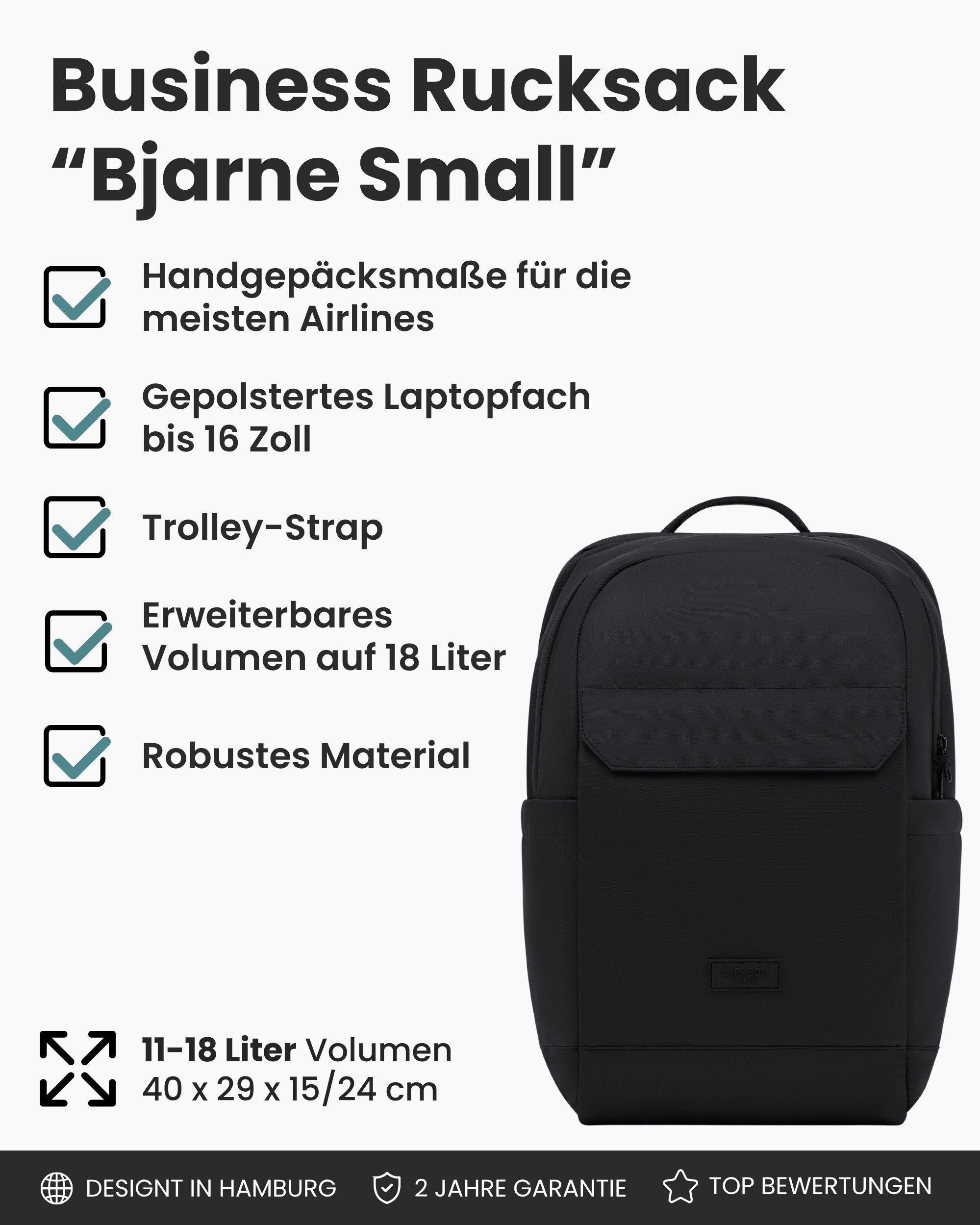 LARKSON Rucksack Bjarne Small Business Arbeitsrucksack für Herren, Handgepäck mit 16“ Laptopfach & Anti-Diebstahl-Loops