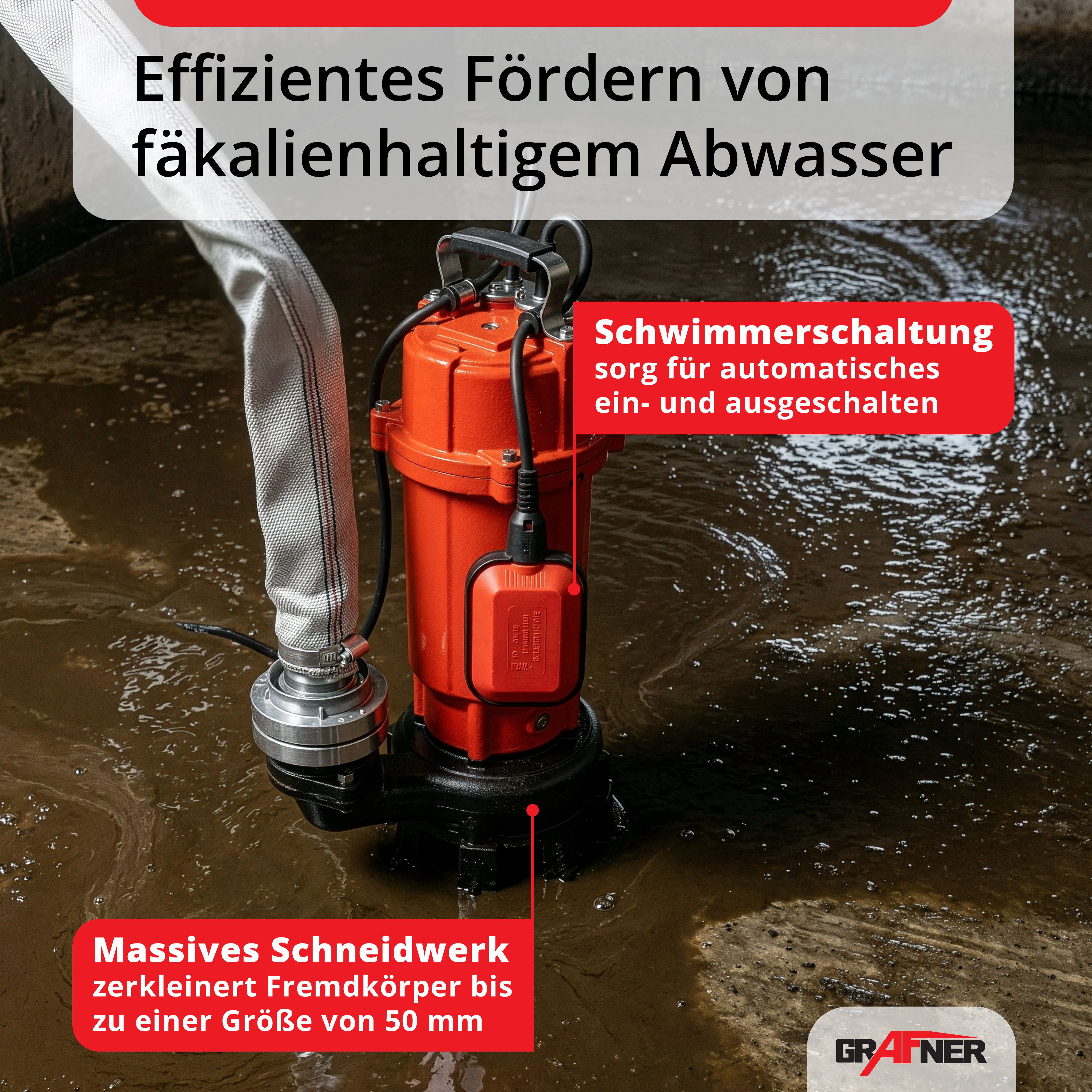 Grafner Tauchpumpe Tauchpumpe Fäkalienpume 1500W mit Schneidwerk 30m Schlauch, 15000l/ max. Fördermenge