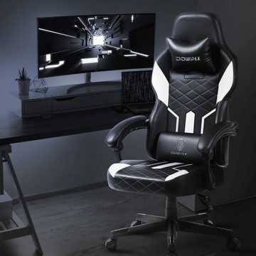 Dowinx Gaming-Stuhl mit Federkissen und Lendenwirbelstütze, ergonomisches Design, PU-Leder, breitere Rückenlehne, schwarz und weiß