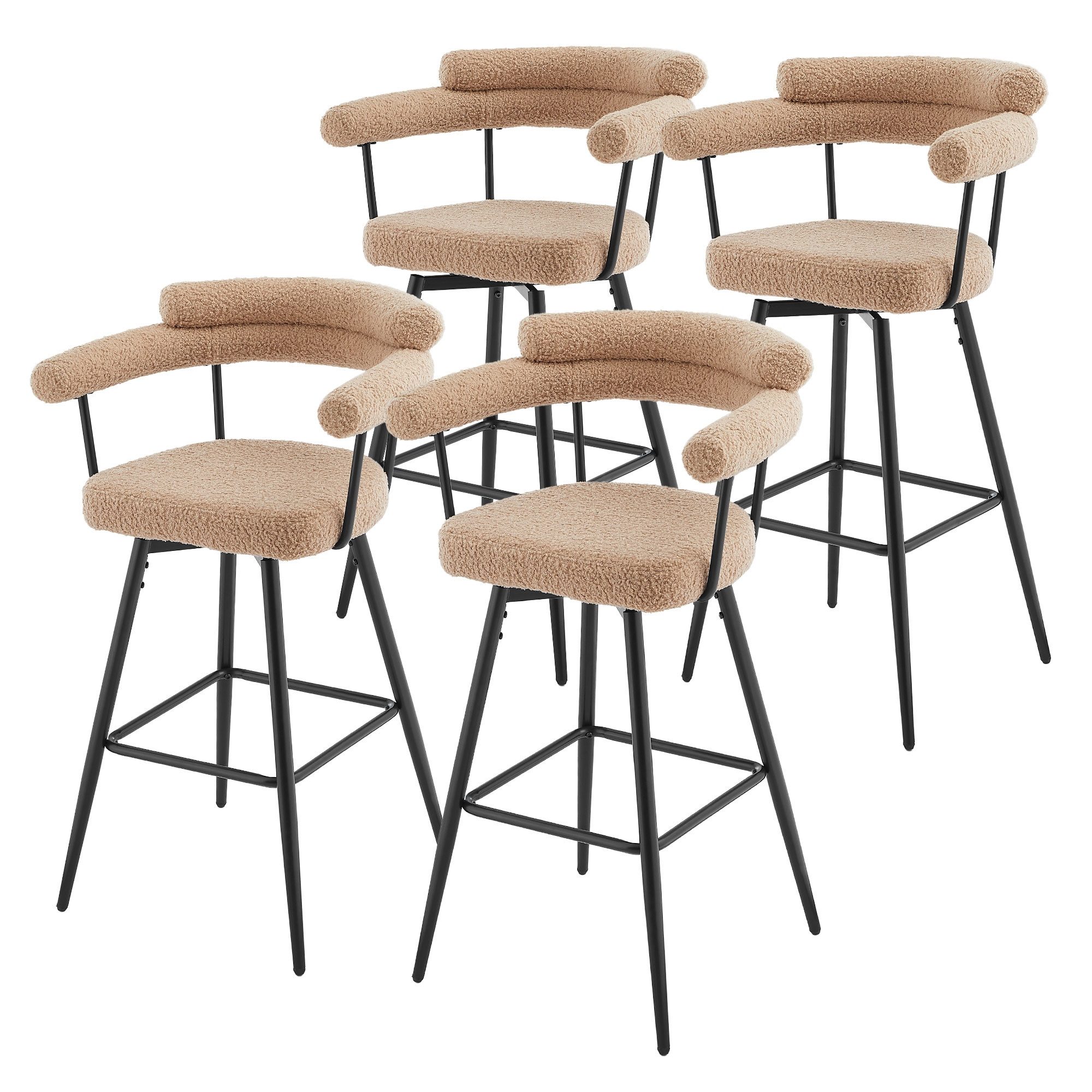 ML-DESIGN Barhocker Gepolsterter Barstuhl mit Rückenlehne und Fußstütze, 360° drehbar (4 St), 4er Set Bistrohocker aus Teddy-Stoff, Drehstuhl Hocker Tresenhocker