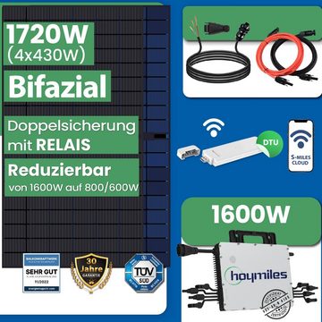 EPP.Solar Solaranlage 1720W/1600W Balkonkraftwerk komplettset inkl Bifaziale Solarmodule, 1720,00 W, Monokristalline, (Hoymiles HMS-1600-4T Die Freigabe der Verbindung für 4 Module WLAN drosselbar Wechselrichter inkl 10m Kabel)