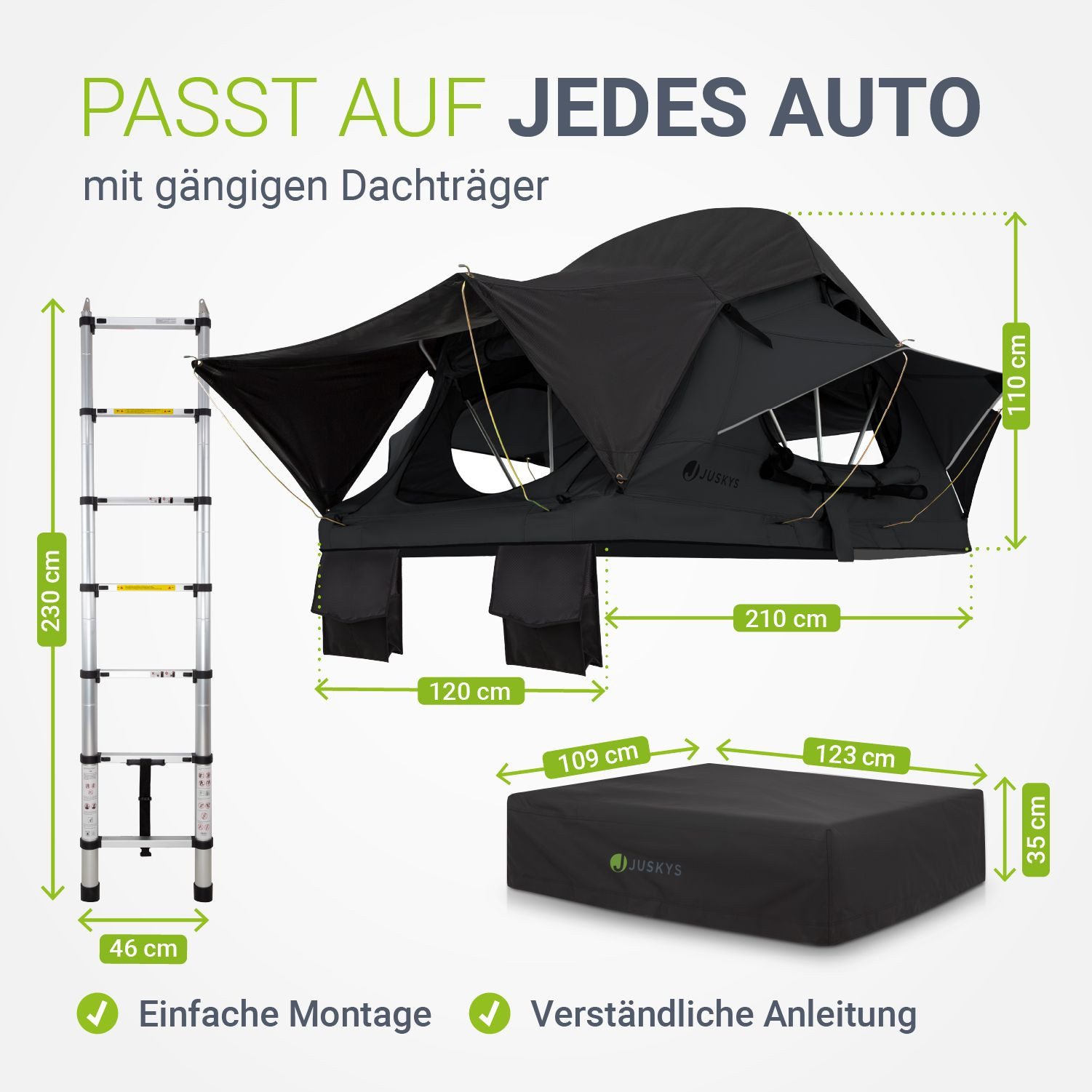 Juskys Dachzelt Lago, Wasserdicht, Teleskopleiter, 2 Personen Zelt, LED Beleuchtung