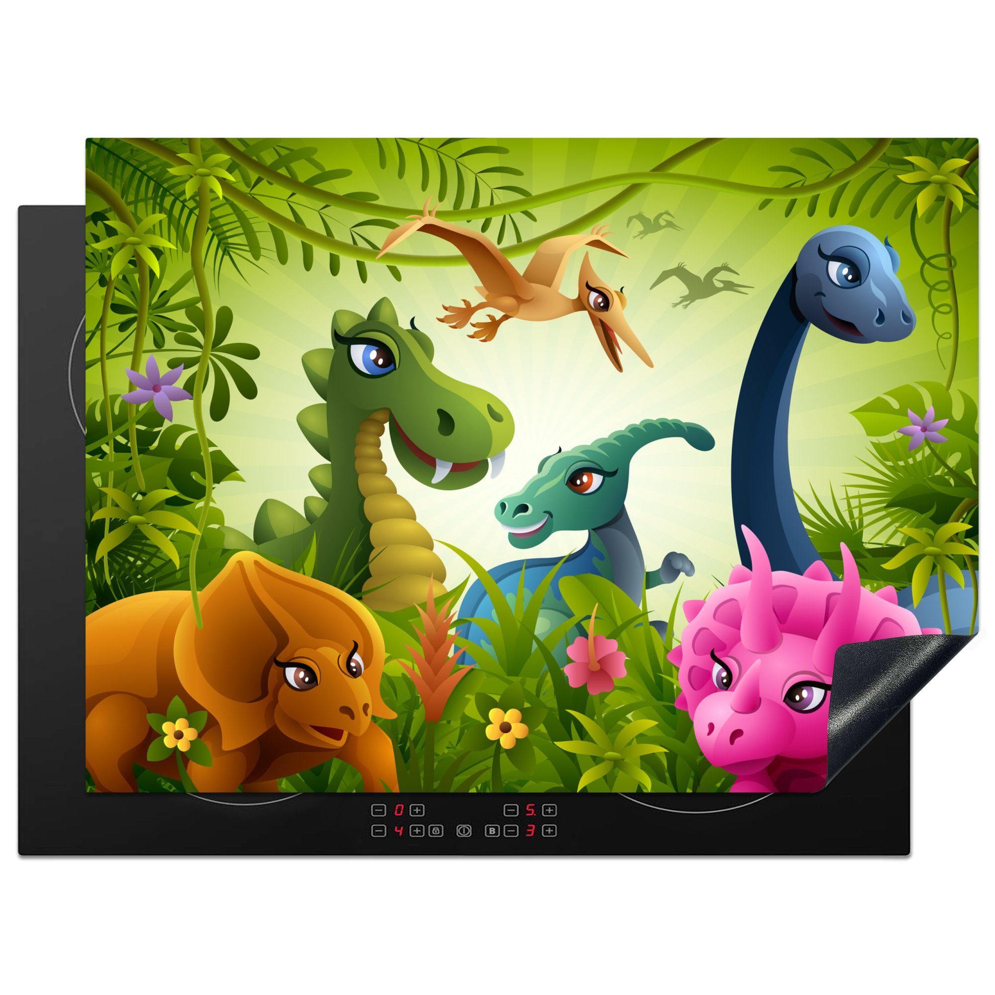 MuchoWow Herdblende-/Abdeckplatte Dinosaurier - Tiere - Dschungel - Illustration - Baby - Jungen -, Vinyl, (1 tlg), 70x52 cm, Mobile Arbeitsfläche nutzbar, Ceranfeldabdeckung