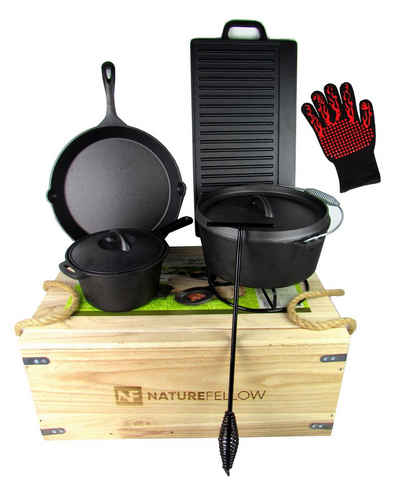 Haushalt International Holzkohlegrill 10-teiliges Dutch-Oven-Set, – viel Zubehör – inkl. Grillhandschuh, – Gusseisen – bereits eingebrannt