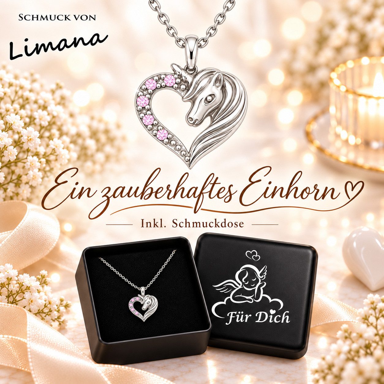 Limana Kette mit Anhänger echt 925 Sterling Silber Herz Einhorn Pferd rosa Halskette Kinderkette (inkl. Geschenkdose), Geschenk für Kinder Mädchen Kinderschmuck – Bild 2 von 5