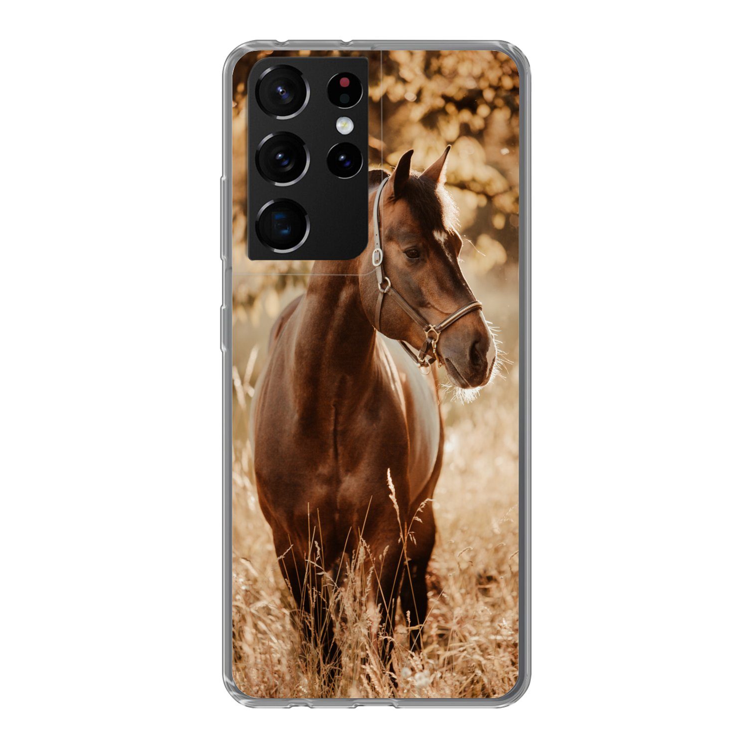 MuchoWow Handyhülle für Samsung Galaxy S21 Ultra Pferd - Sonne - Porträt - Natur - Braun, Phone Case, Silikon, Schutzhülle Dünn