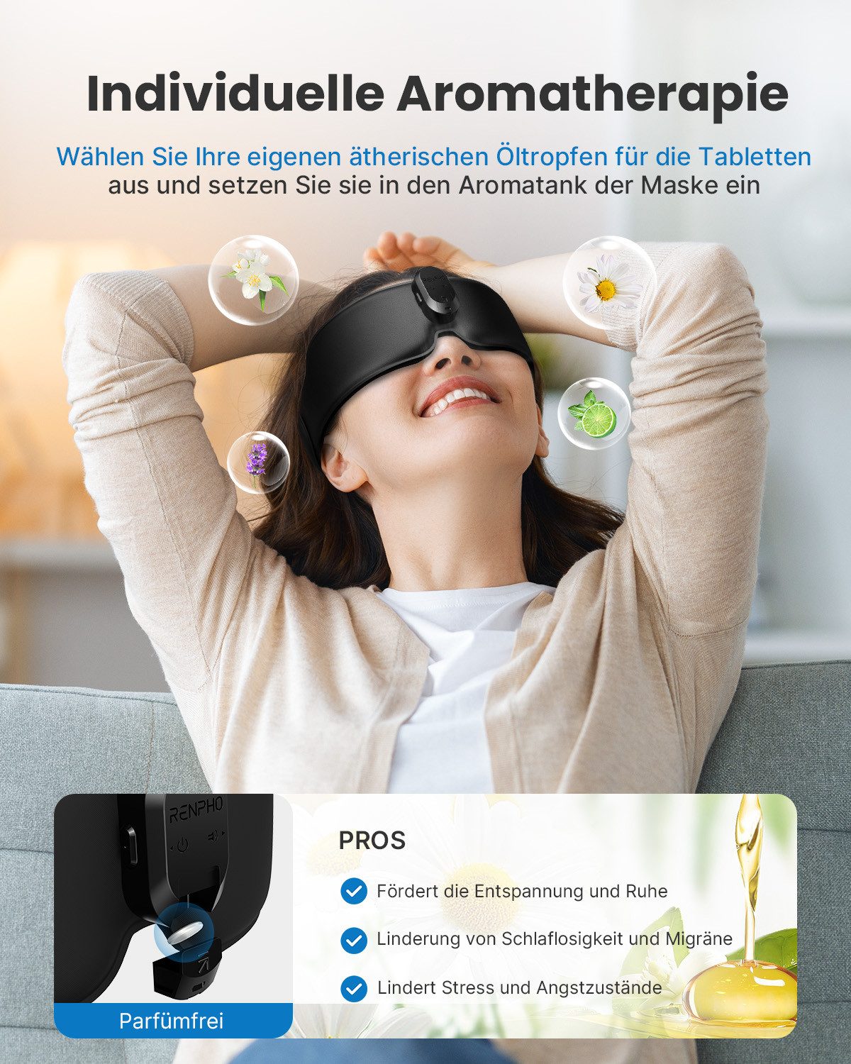 RENPHO Beruhigungs- und Entspannungsgerät Eyesnooze Aroma - Sleepmask, Eyesnooze Aroma Schlafmaske: Wärme, Duft & Musik für tiefen Schlaf.