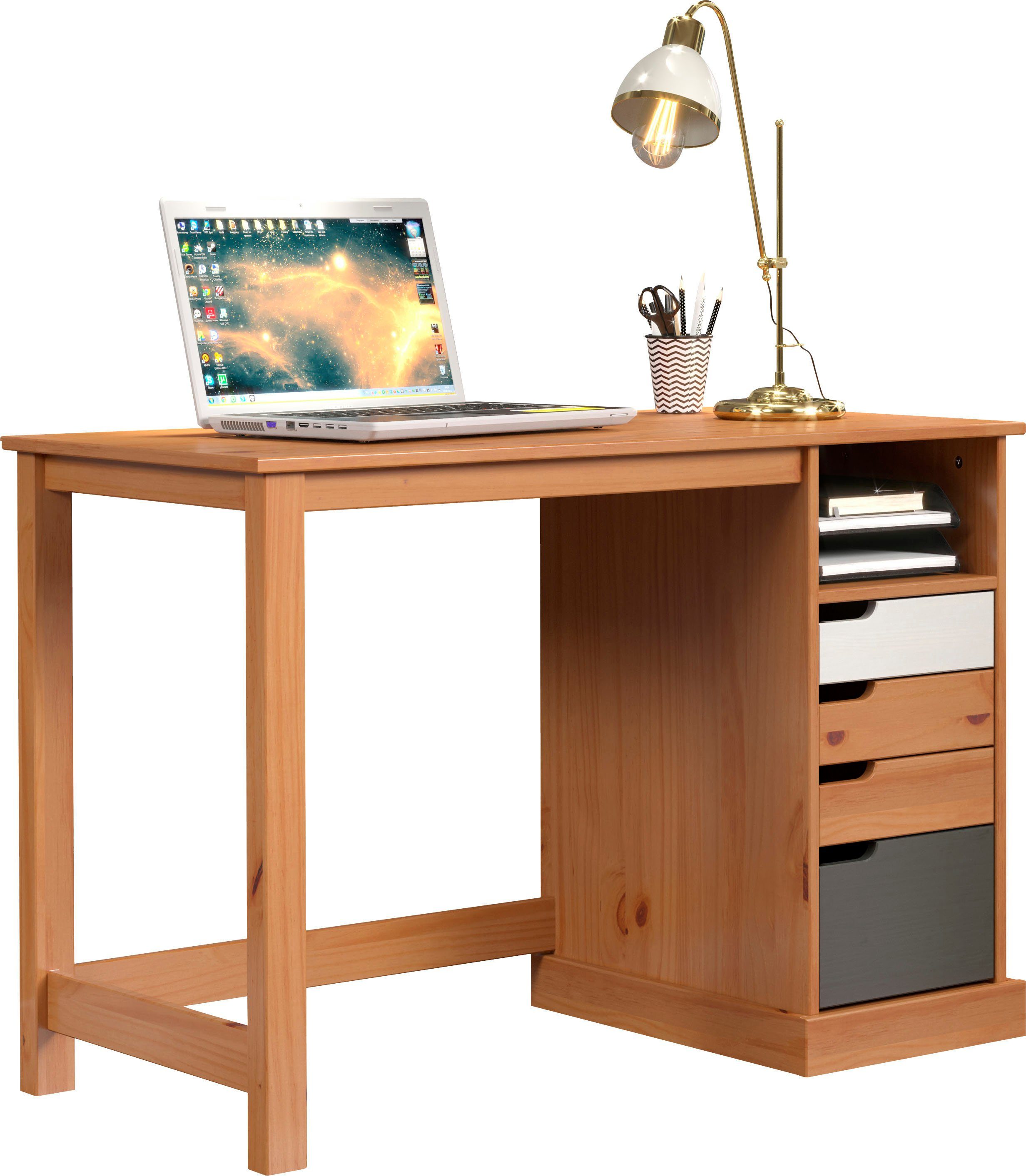 Schreibtisch praktisch INTER-FURN massivem und Honigfarben/Grau/Weiß Mestre, aus Kiefernholz