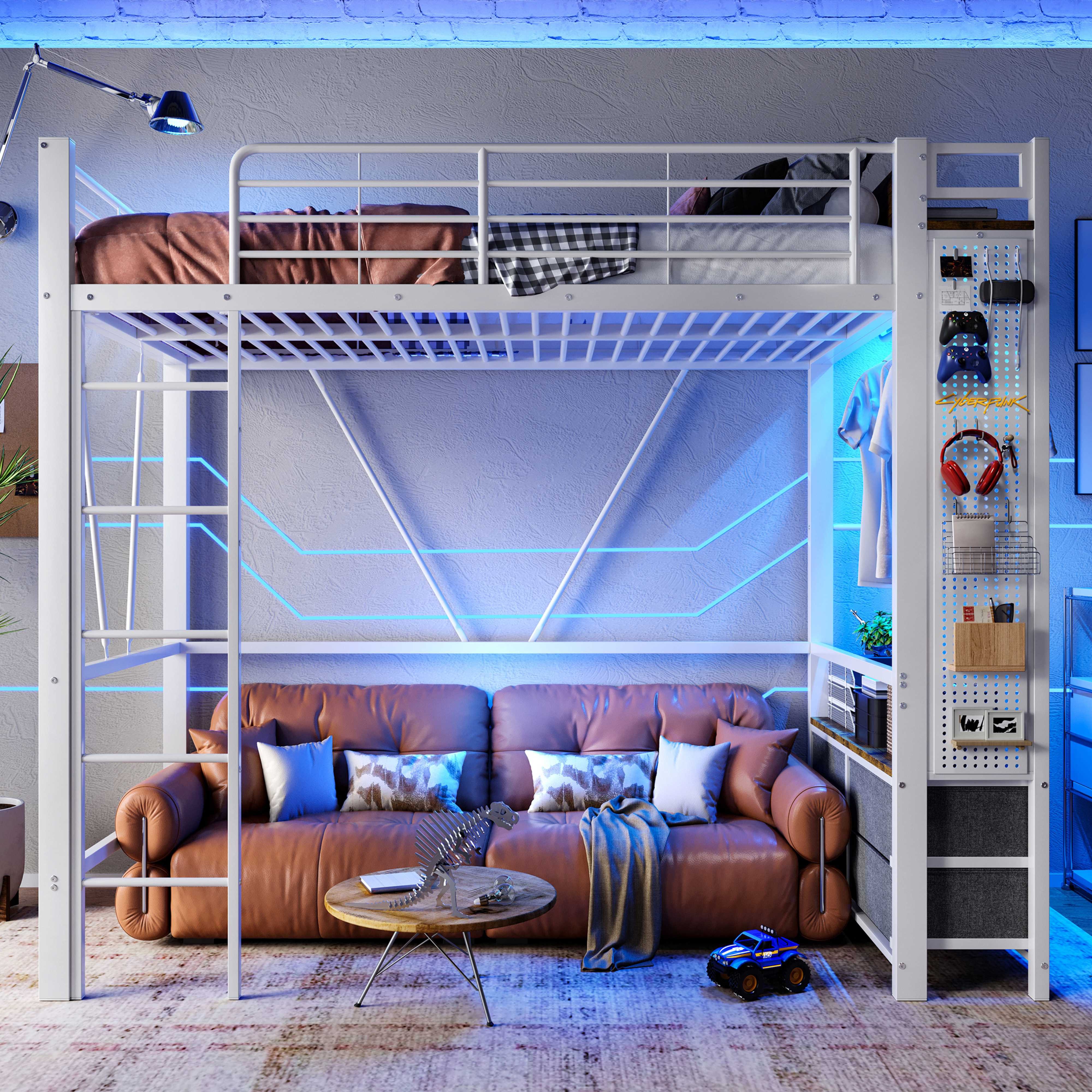 BlingBin Hochbett (1-St., Multifunktionales Metallbett mit 4 Schubladen, Regalen, Hängestange) LED-Beleuchtung, Steckdose und USB-C, 90×200CM für das Schlafzimmer