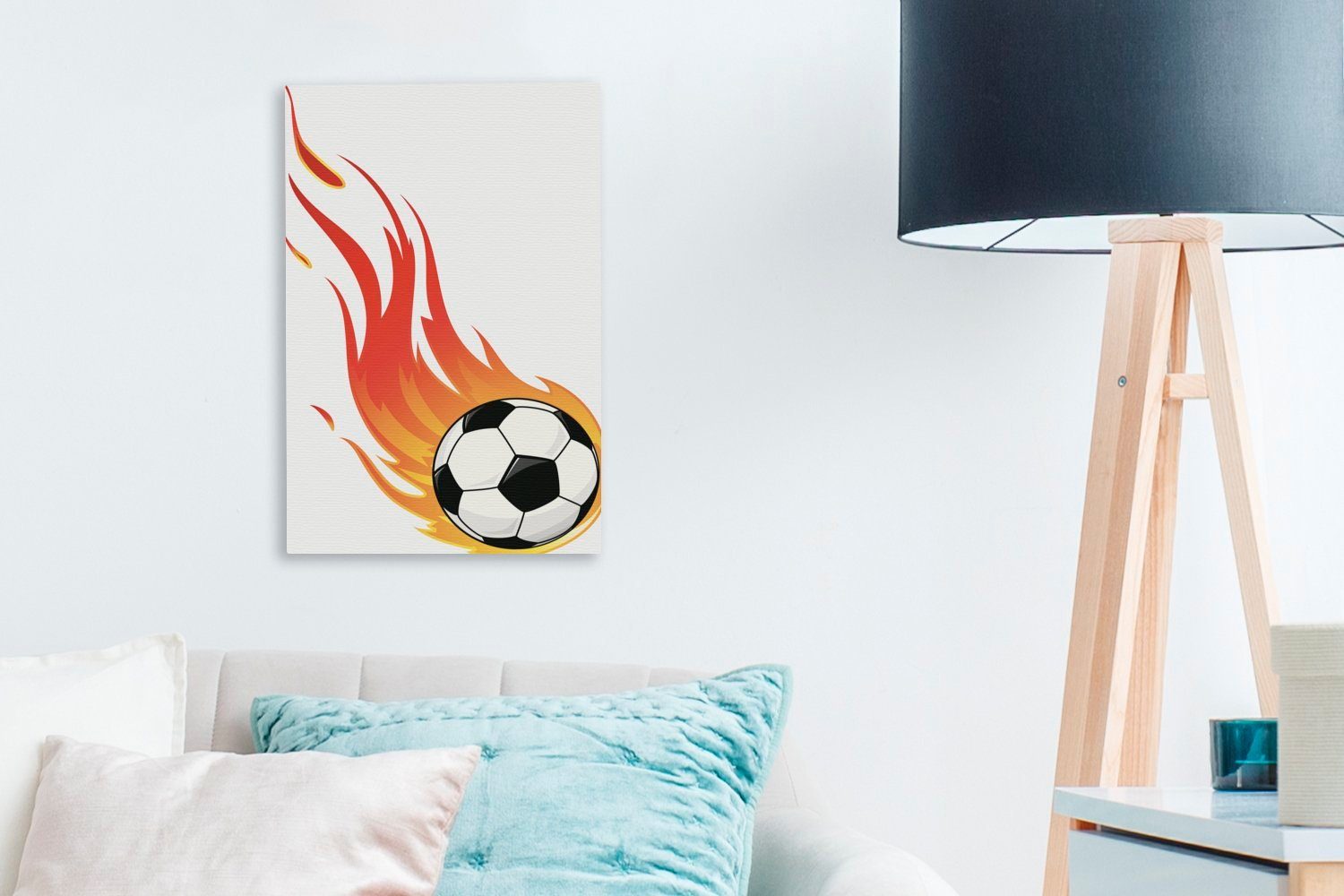 OneMillionCanvasses® Leinwandbild Eine Illustration St), inkl. eines 20x30 cm Zackenaufhänger, brennenden Fußballs, bespannt fertig (1 Leinwandbild Gemälde