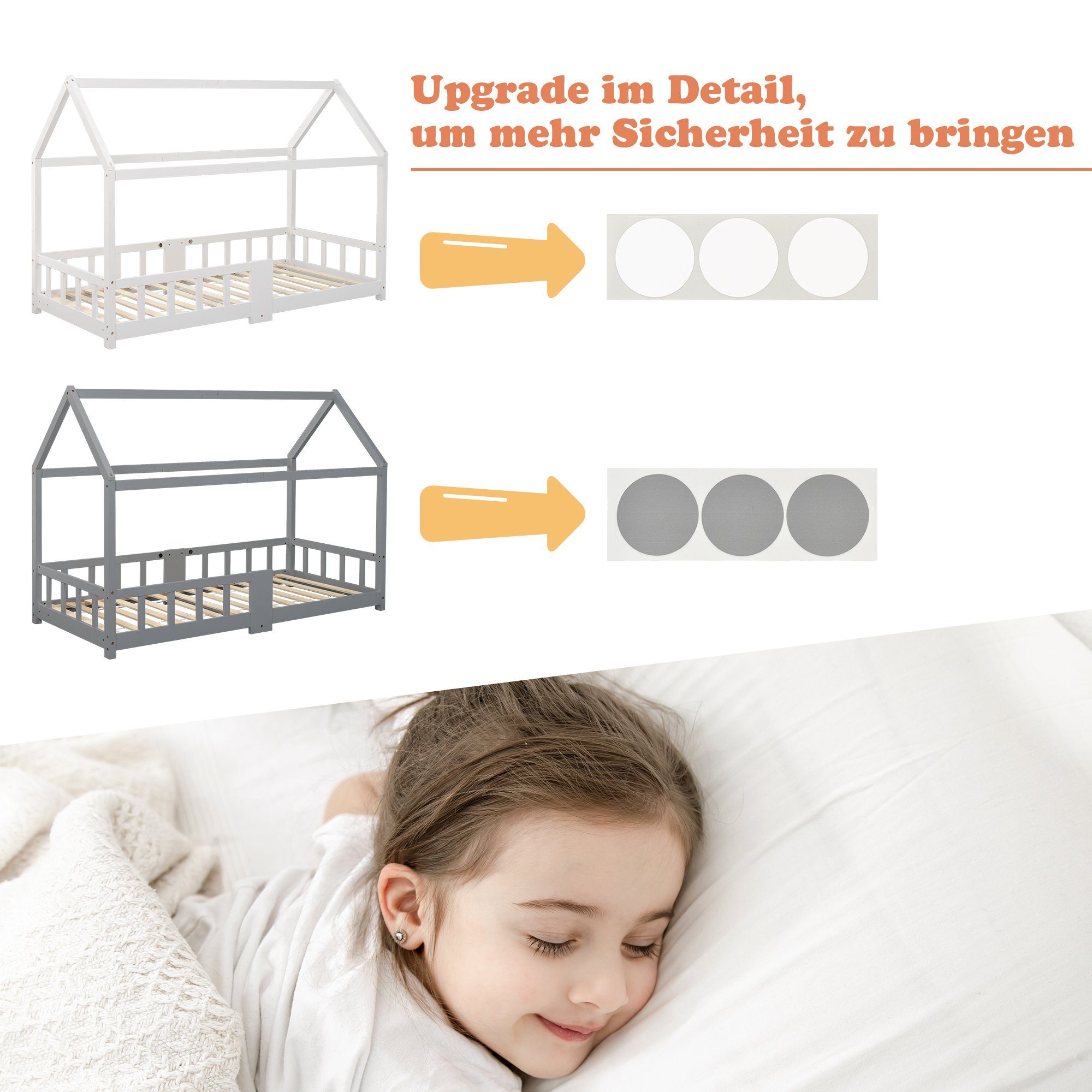 cm Rausfallschutz, Grau Einzelbett Holz Hausbett Merax Kinderbett mit mit 90x200