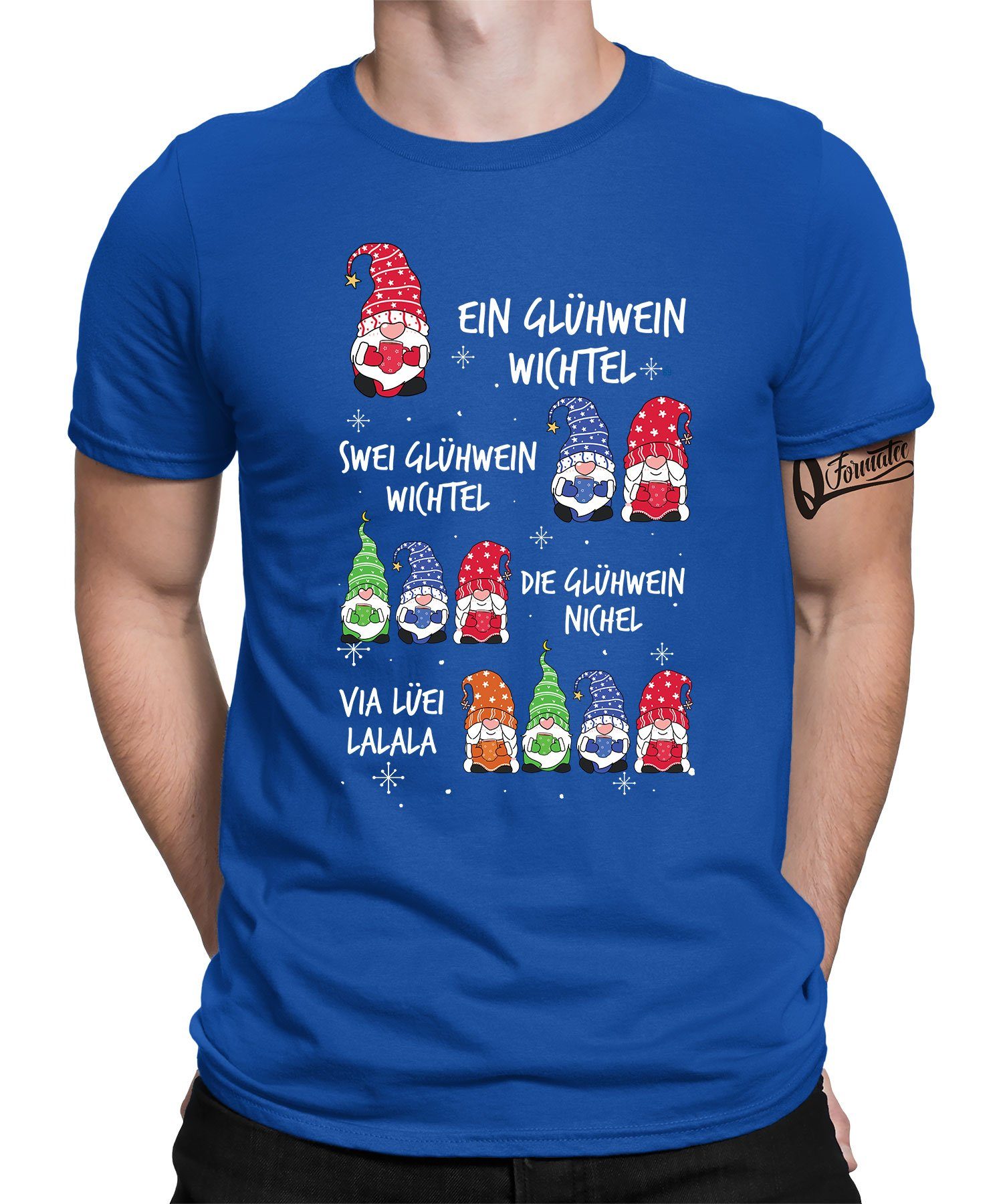 Quattro Formatee Kurzarmshirt Wichtel Gnom T-Shi Herren Blau Zwerg Christmas X-mas Glühwein - Weihnachten (1-tlg)