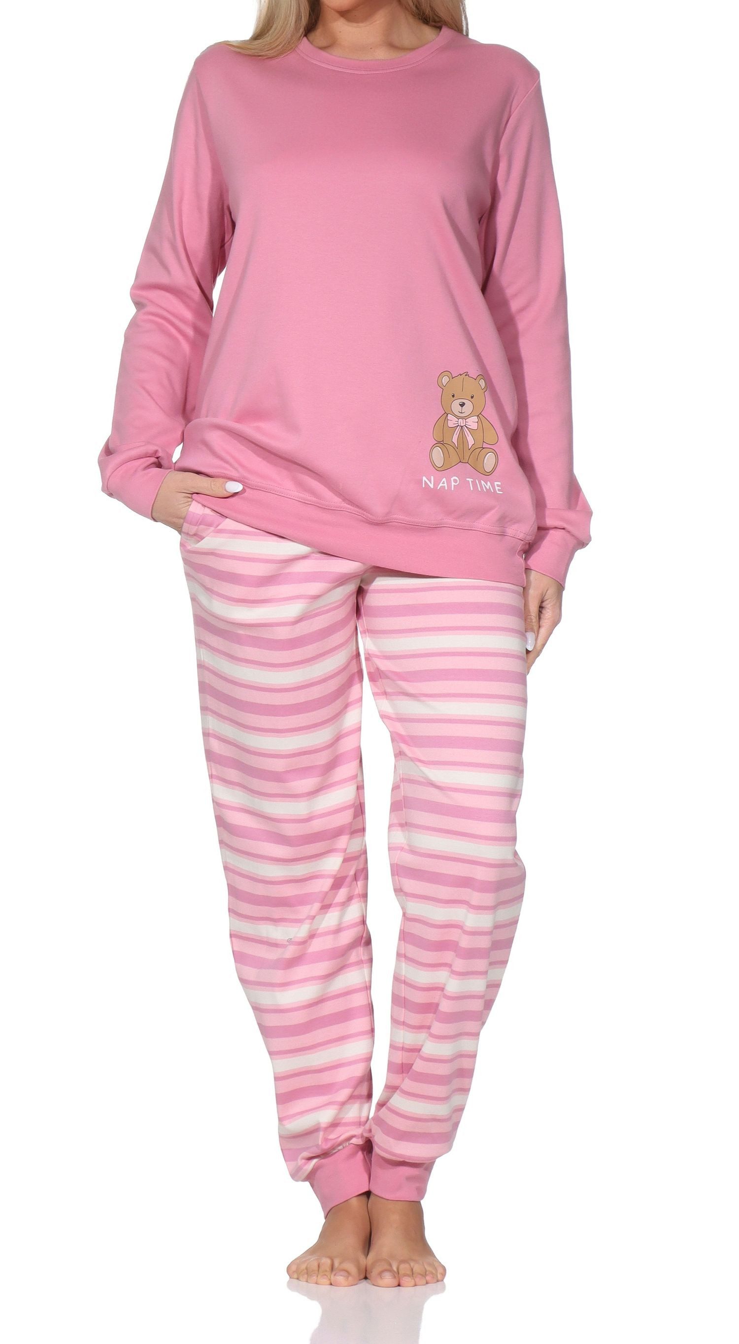 Normann Pyjama Normann Damen Pyjama in Kuschel Interlock Qualität + Teddybär Motiv