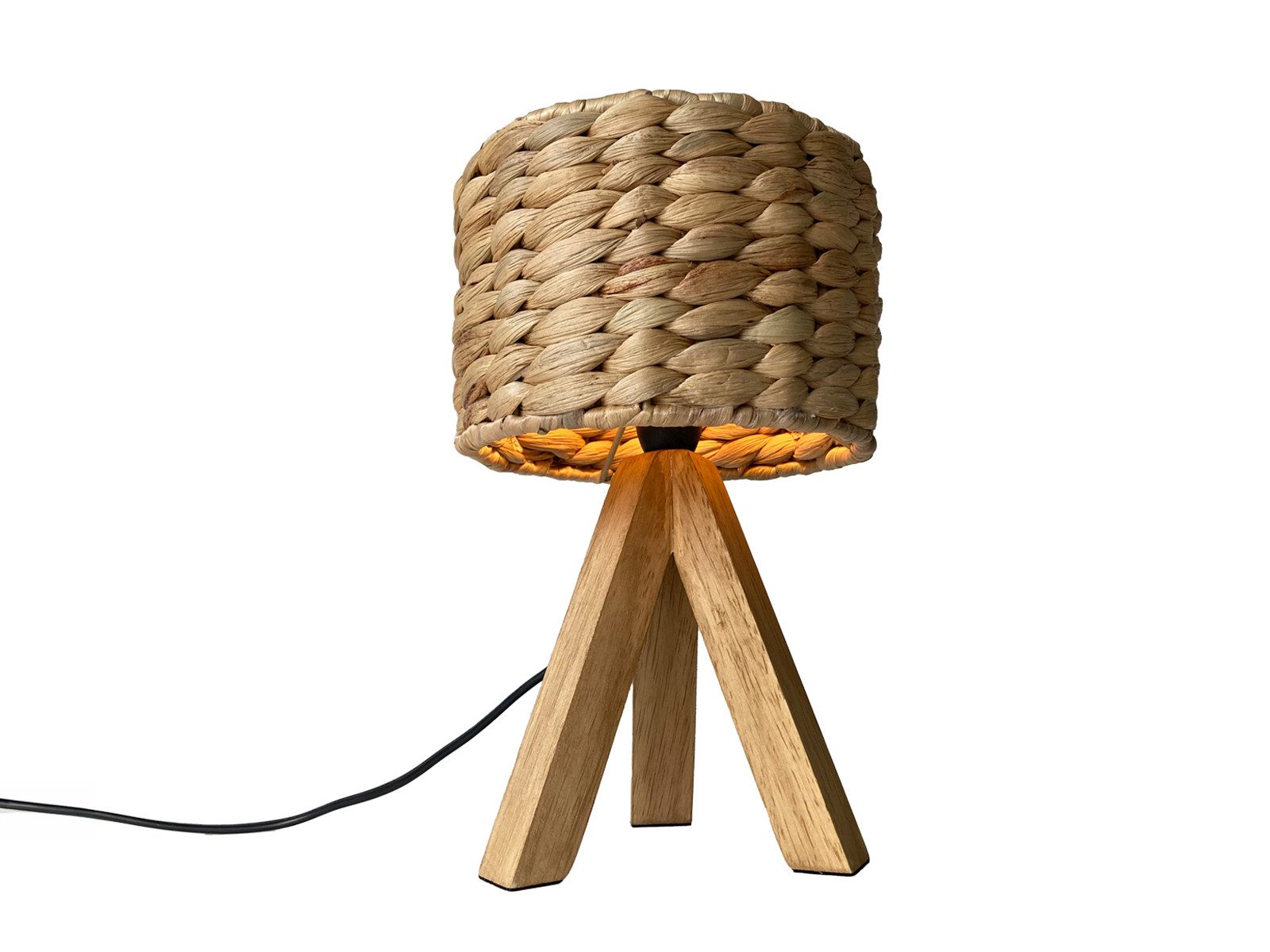 meineWunschleuchte Tischleuchte mit Holz & Wasserhyazinthe, Höhe 26cm, ohne Leuchtmittel, kleine Boho Nacht-Tischlampe skandinavisch mit Holzfuß & E14 Schirm