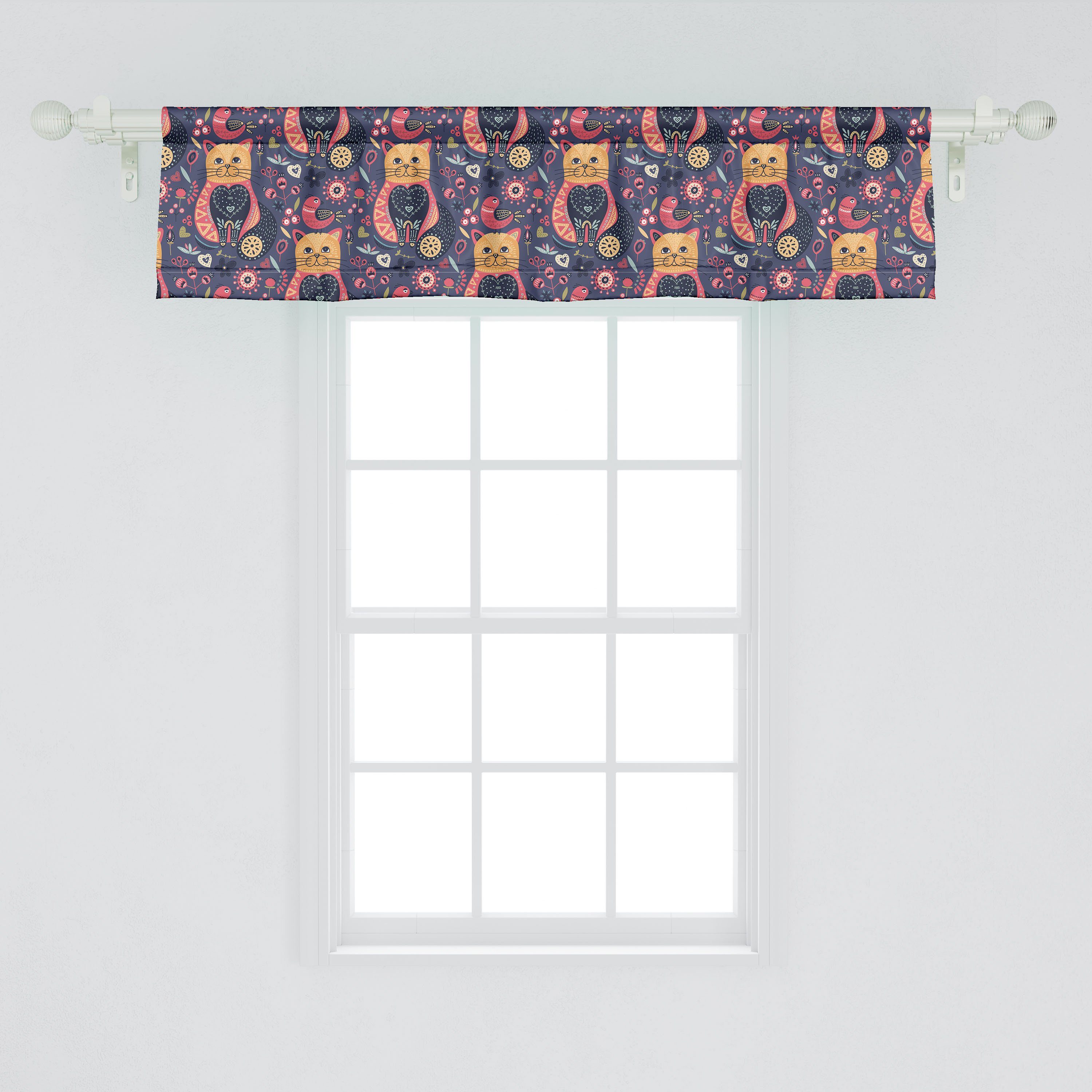 Cat Küche Dekor Volant für Schlafzimmer Boho Stangentasche, Vorhang Scheibengardine Blumen Microfaser, mit Funky Blume Abakuhaus, Doodle