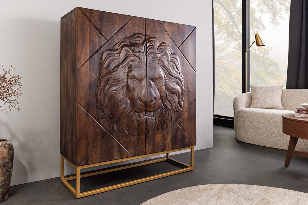 riess-ambiente Highboard LION 120cm braun/gold - Mango-Massivholz, Metall, 3D-Schnitzereien (Einzelartikel, 1 St), fertig montierter Schrank - ideal für Wohn- und Schlafzimmer oder Loft