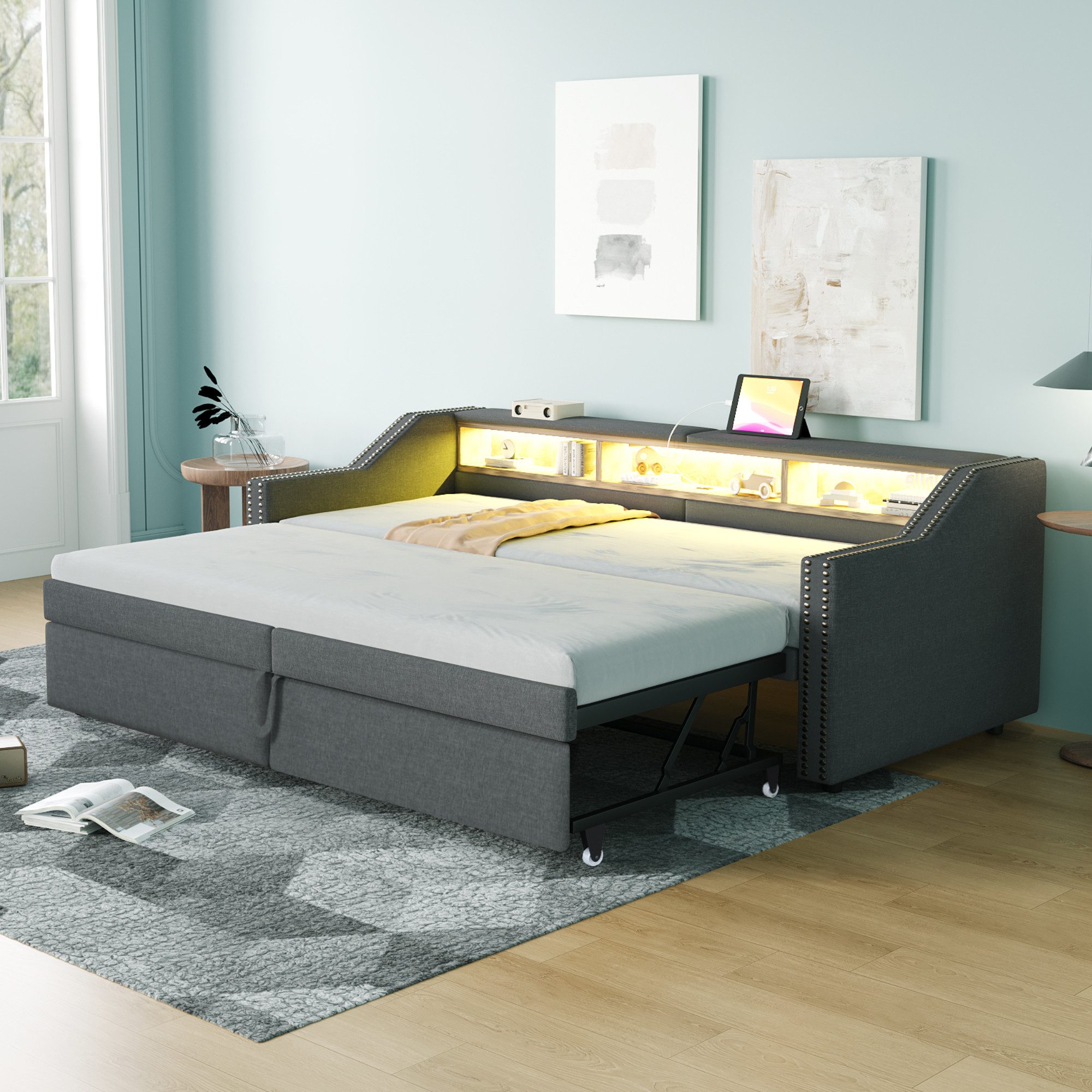 MODFU Schlafsofa mit ausziehbarem Bettgestell, 90/180x200 cm, mit Lattenrost, USB-Ablagefächern, ohne Matratze