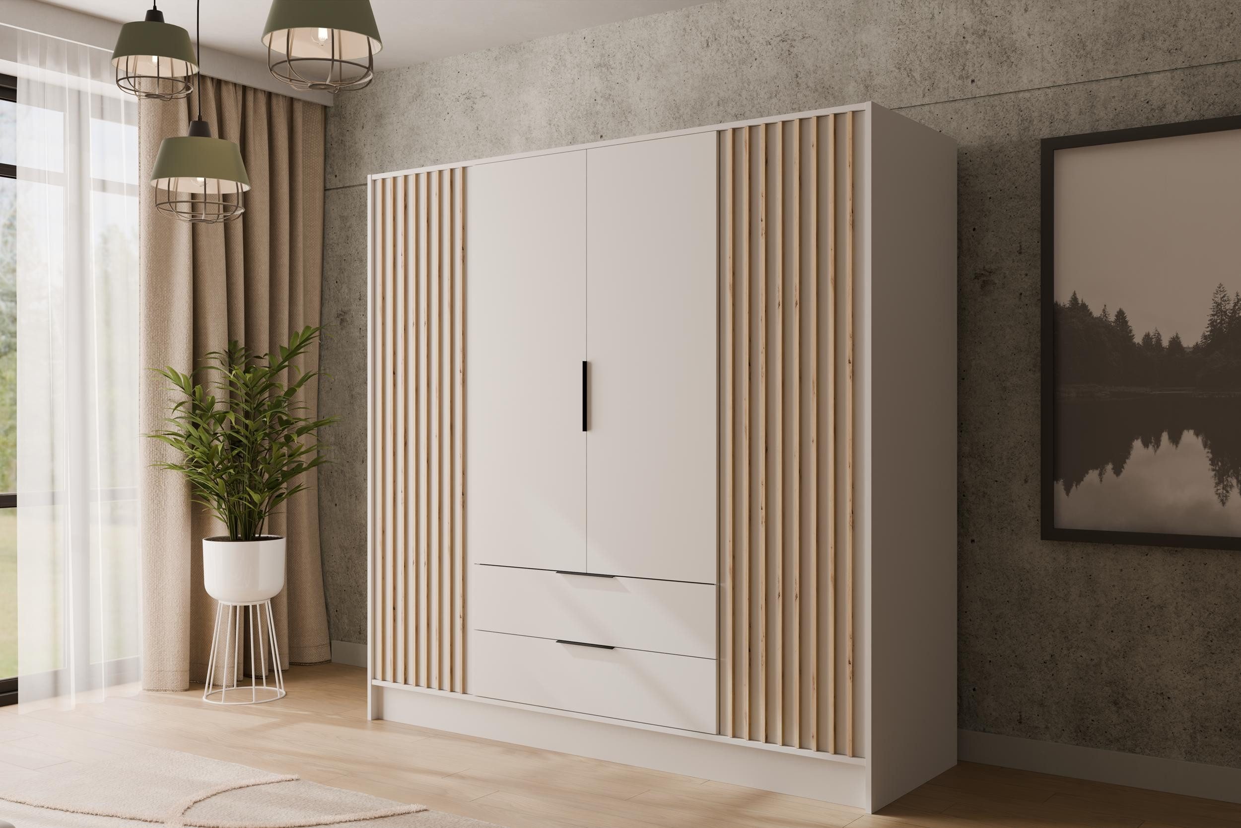 ALTDECOR Drehtürenschrank NELIA (Kleiderschrank Garderobenschrank mit viel Stauraum, Moderner Schrank) Vielseitiger Drehtürenschrank mit Spiegeltüren Spiegel Lamellen