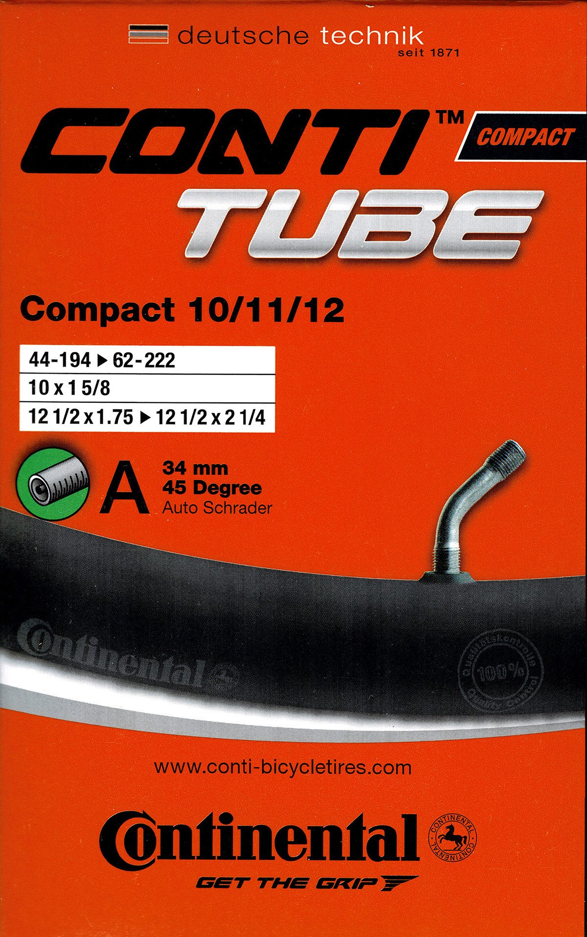 CONTINENTAL Fahrradschlauch Continental Compact 10/11/12 Schlauch 10 11 12 Zoll AV 45 Grad Ventil, 1 5/8, 1,95, 2,00, 2,25, 1,90