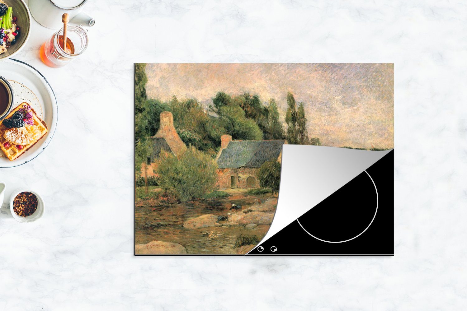 tlg), cm, Herdblende-/Abdeckplatte von Arbeitsfläche nutzbar, Ceranfeldabdeckung - Gemälde Pont-Aven 70x52 von (1 MuchoWow Die Vinyl, Mobile Wäscherinnen Paul Gauguin,