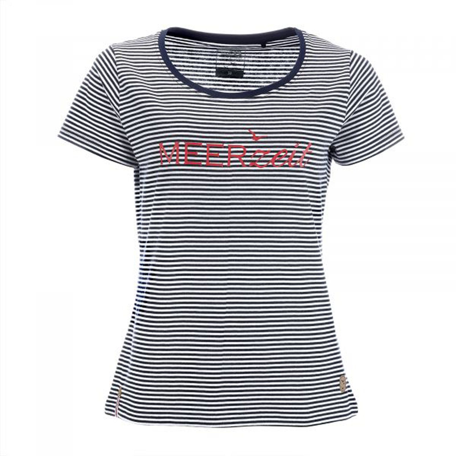 modAS Kurzarmshirt Damen T-Shirt mit Streifen und Print Meerzeit – Basic Shirt Gestreift