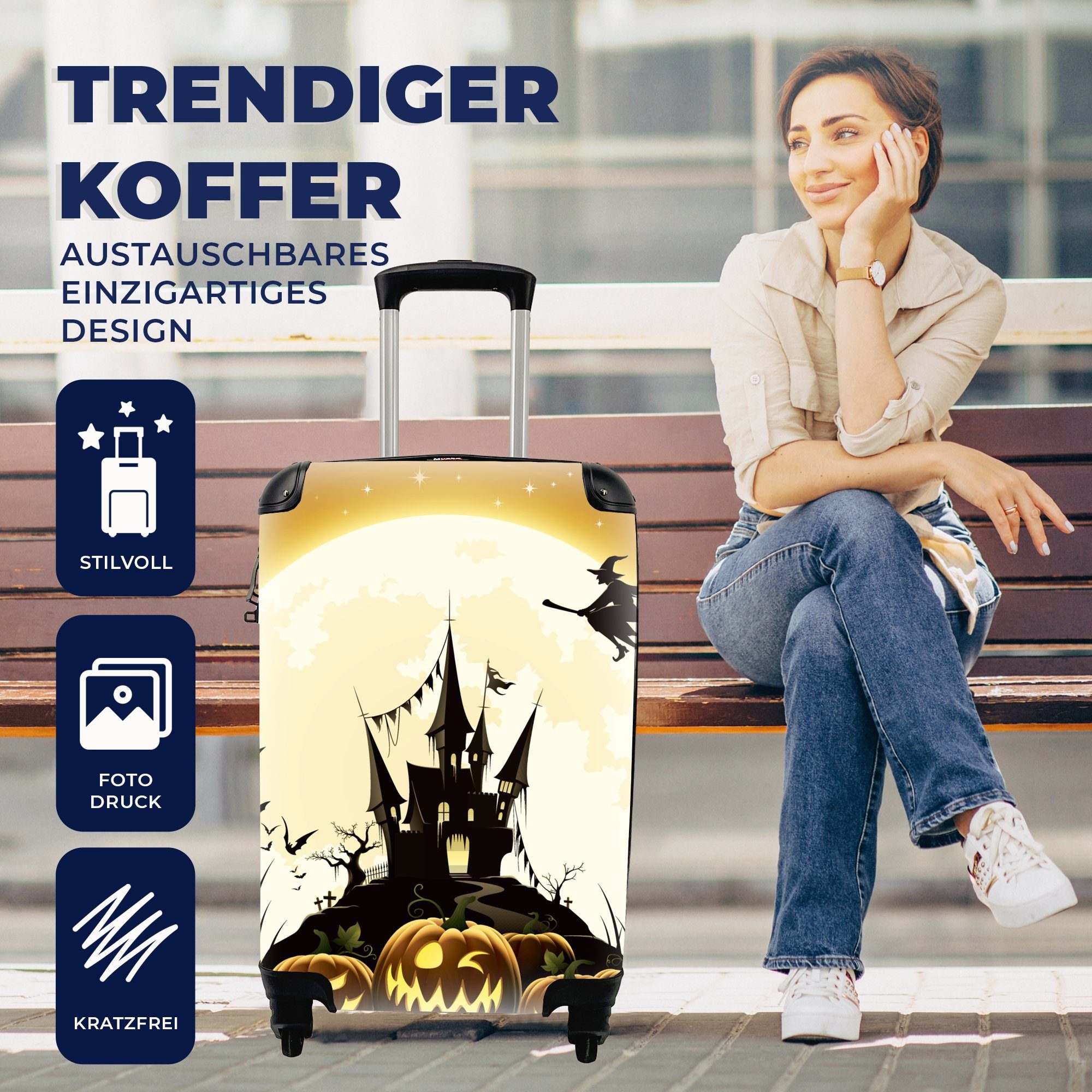 zu Eine ein Hexe, einer die MuchoWow 4 über Handgepäck Illustration für Halloween Trolley, Ferien, fliegt, rollen, Reisekoffer mit Reisetasche Handgepäckkoffer Schloss Rollen,