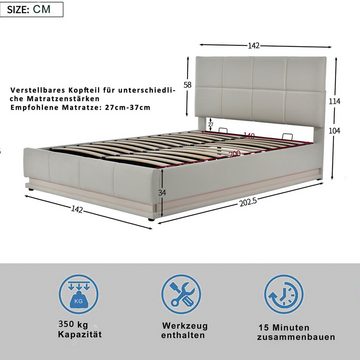 Fangqi Polsterbett 140x200cm Polsterbett mit hydraulischem Stauraum und LED-Beleuchtung (set, Doppelbett mit höhenverstellbarem Kopfteil hydraulischem Bettkasten), LED-Beleuchtung um das Bett herum