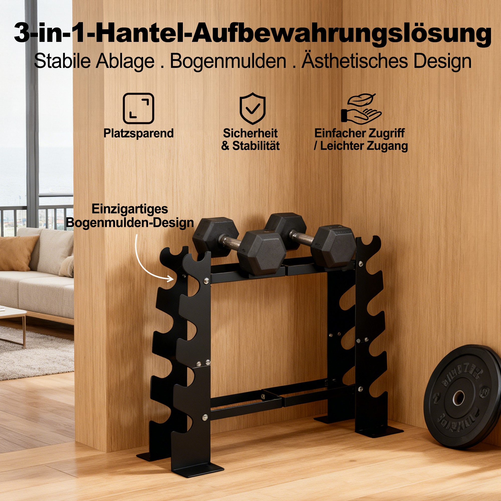 VOWVIT Kurzhantelstange 2-Ebenen-Hantelständer mit 10 größenangepassten Fächern, Stahl, (1-tlg), 3-in-1-Hantelständer 12mm Stahl, Tragfähigkeit 200KG