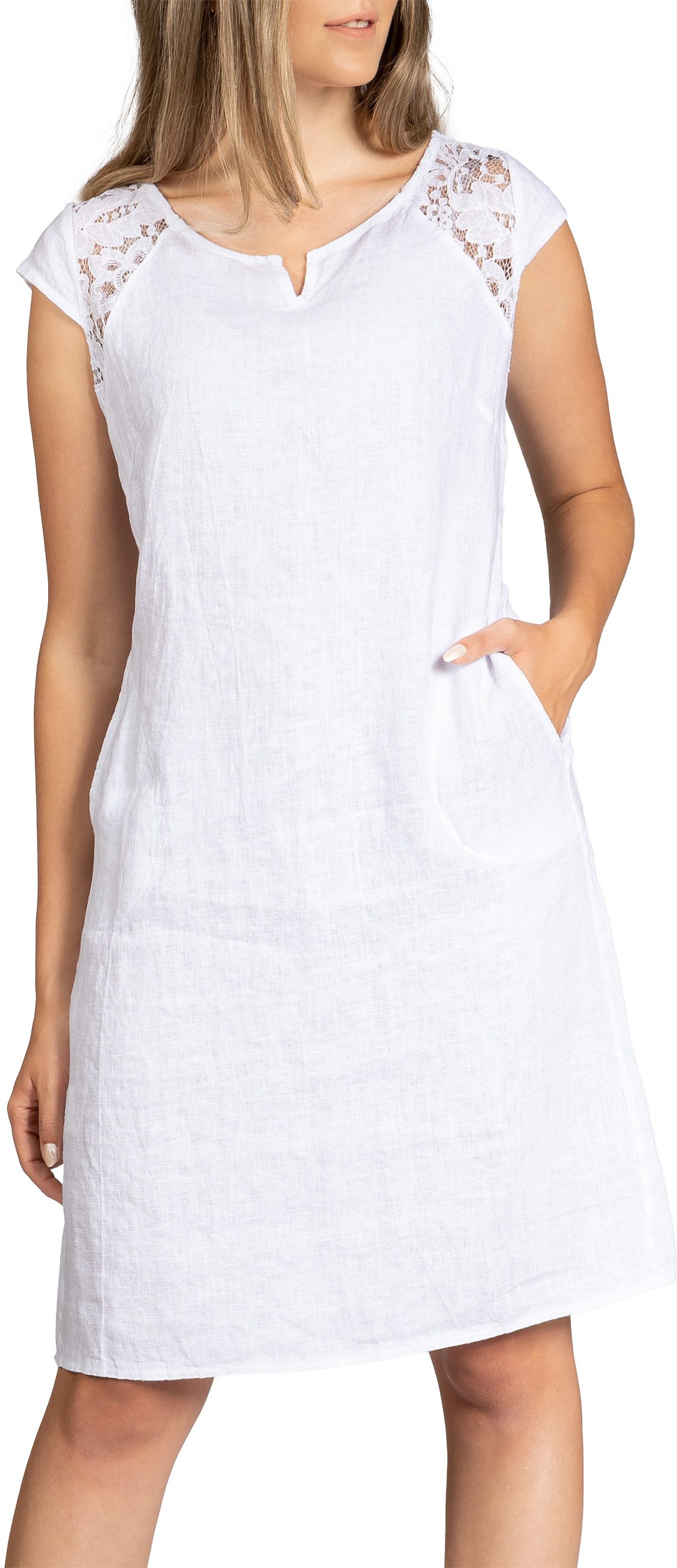 Caspar Sommerkleid SKL042 Damen Sommer Leinenkleid mit dezentem Spitzeneinsatz Luftig leicht, figurumspielende Form, mit seitlichem Jersey-Einsatz