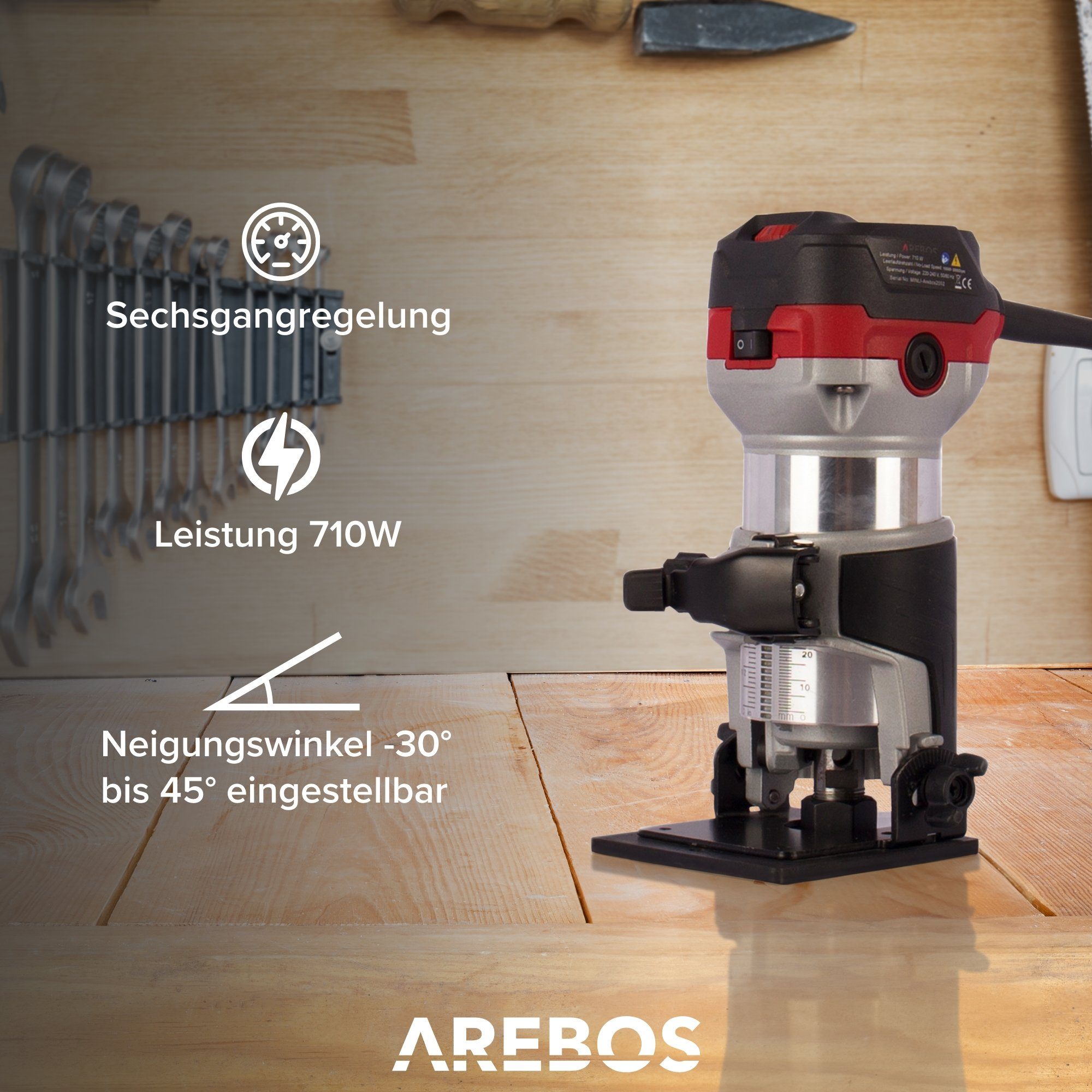 Arebos Oberfräse Holz Fräse Fräsmaschine, Tauchbasis & Trimmer, mit Werkzeugtasche, (Oberfräse Deluxe mit Trimmer und Tauchbasis), Leistungsaufnahme : 710 W