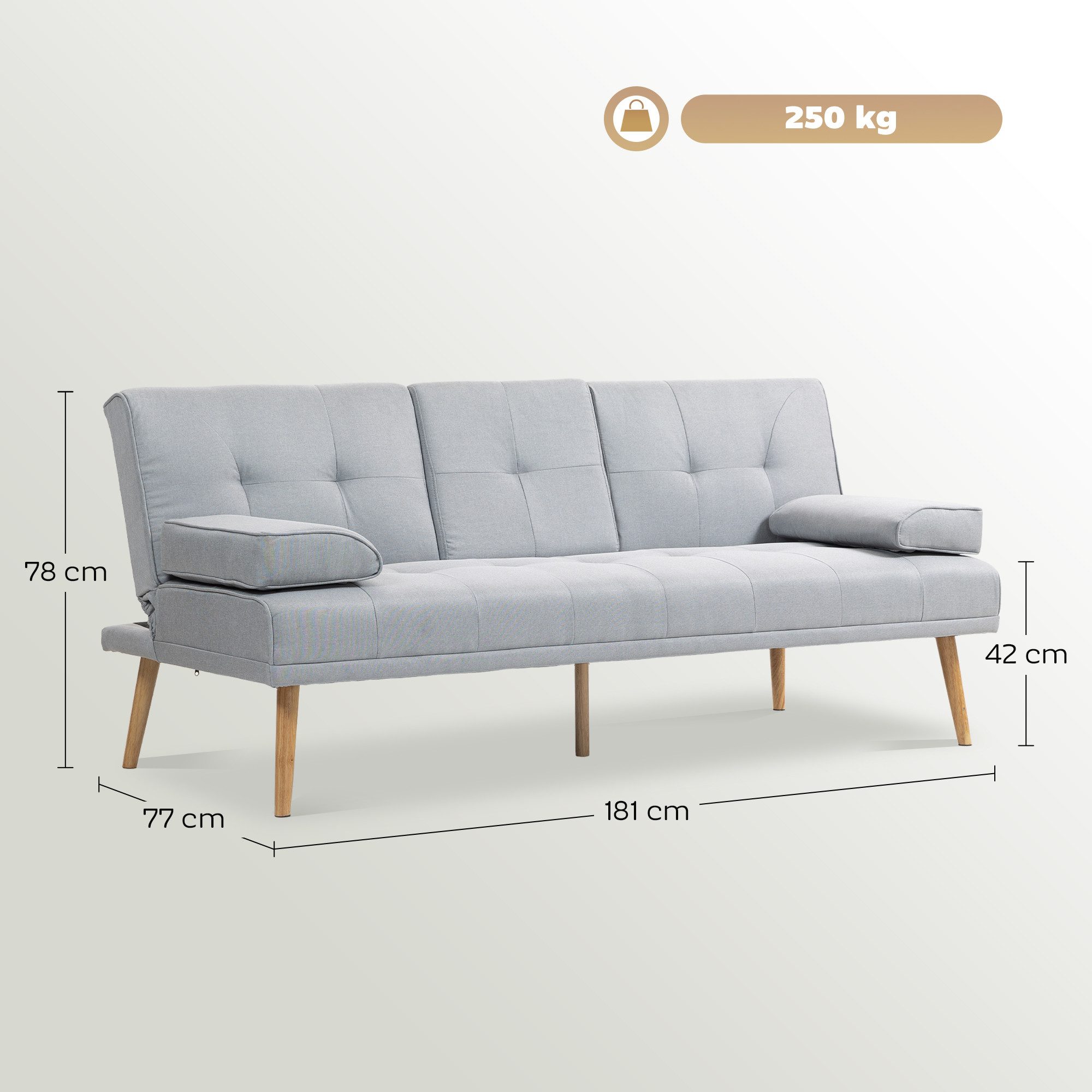 HOMCOM Schlafsofa Dreisitzer mit Bettfunktion, Einzelbett mit Kissen, Stoffsofa 1 Teile, Schlafsofa Schlafcouch 3 Sitzer Hellgrau