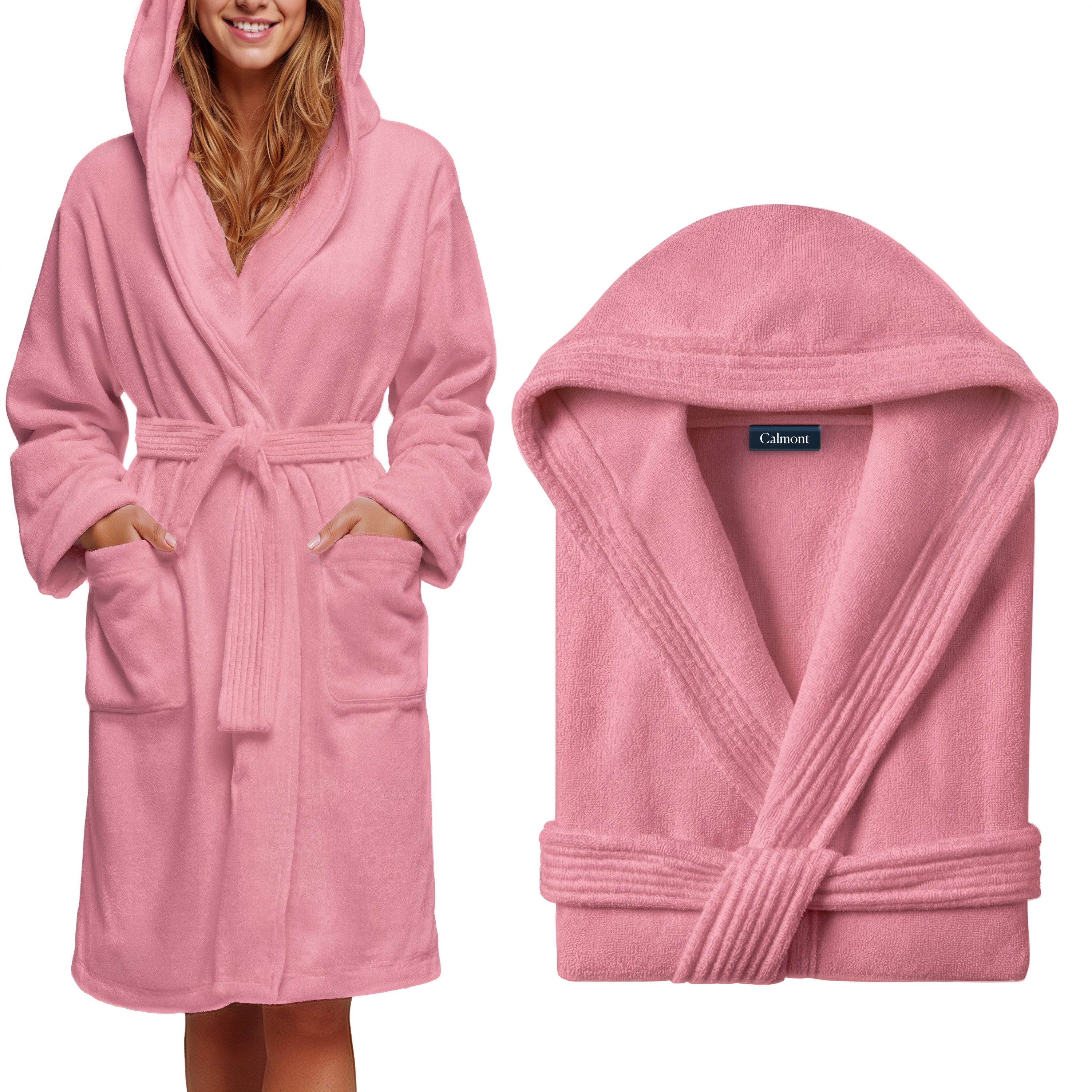 CALMONT Damenbademantel CALMONT - Bademantel Damen aus 100% Baumwolle Frottee mit Kapuze, Kapuze, Gürtel, Kapuze, Große Taschen, Gürtel, Aufhängeschlaufe