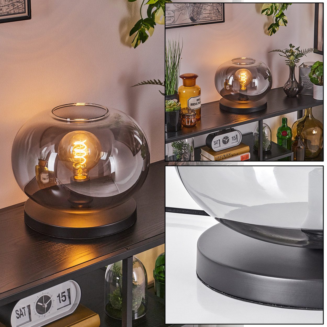 hofstein Tischleuchte Tischlampe aus Metall/Glas in Schwarz/Rauchfarben/Klar, ohne Leuchtmittel, mit Glasschrim(30cm), Schalter am Kabel, 1x E27, ohne Leuchtmittel