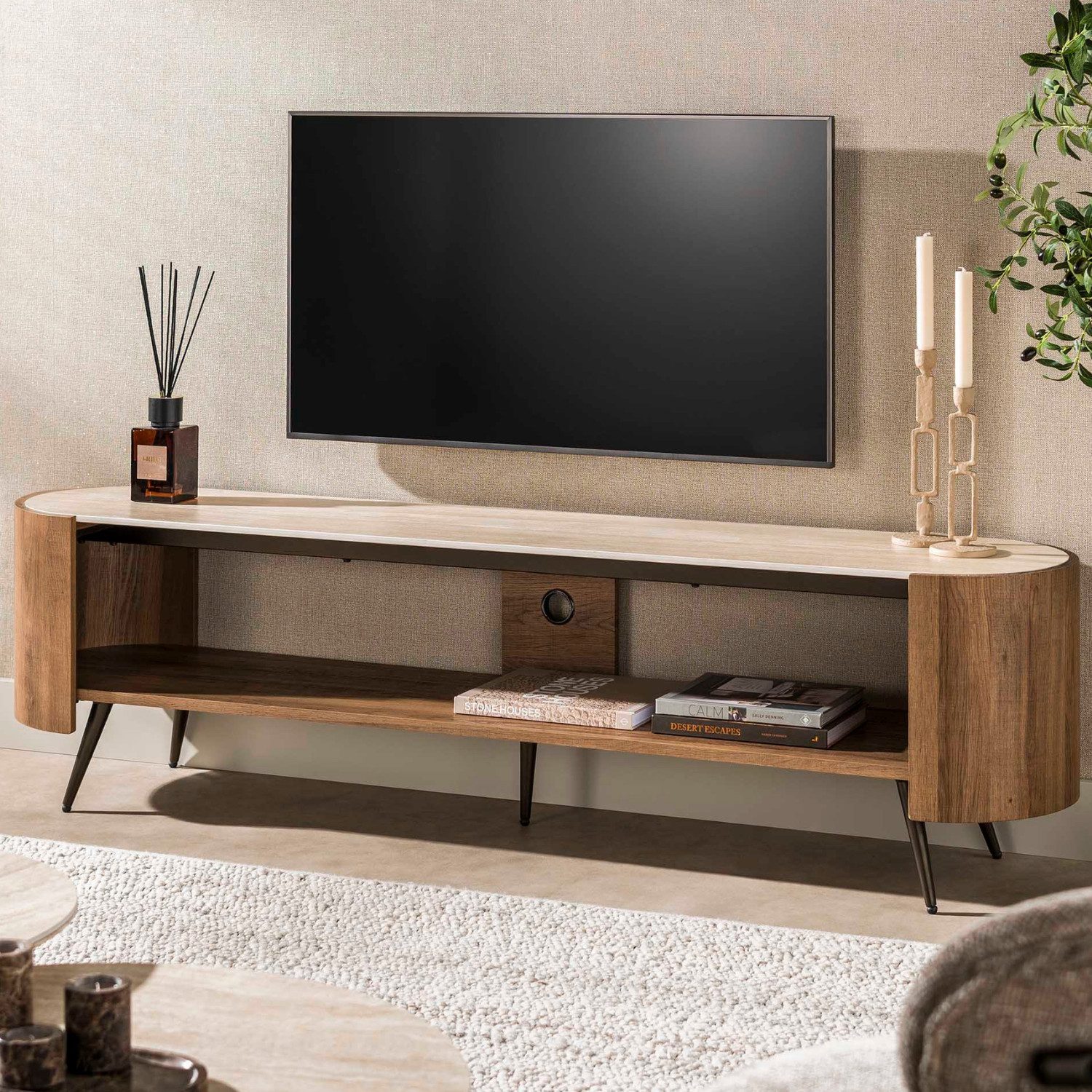 alesvelt TV-Schrank PONTE Lounge-Lowboard mit Travertin-Keramikplatte Bronze-Beinen (180x49x40cm, 1-Schrank)