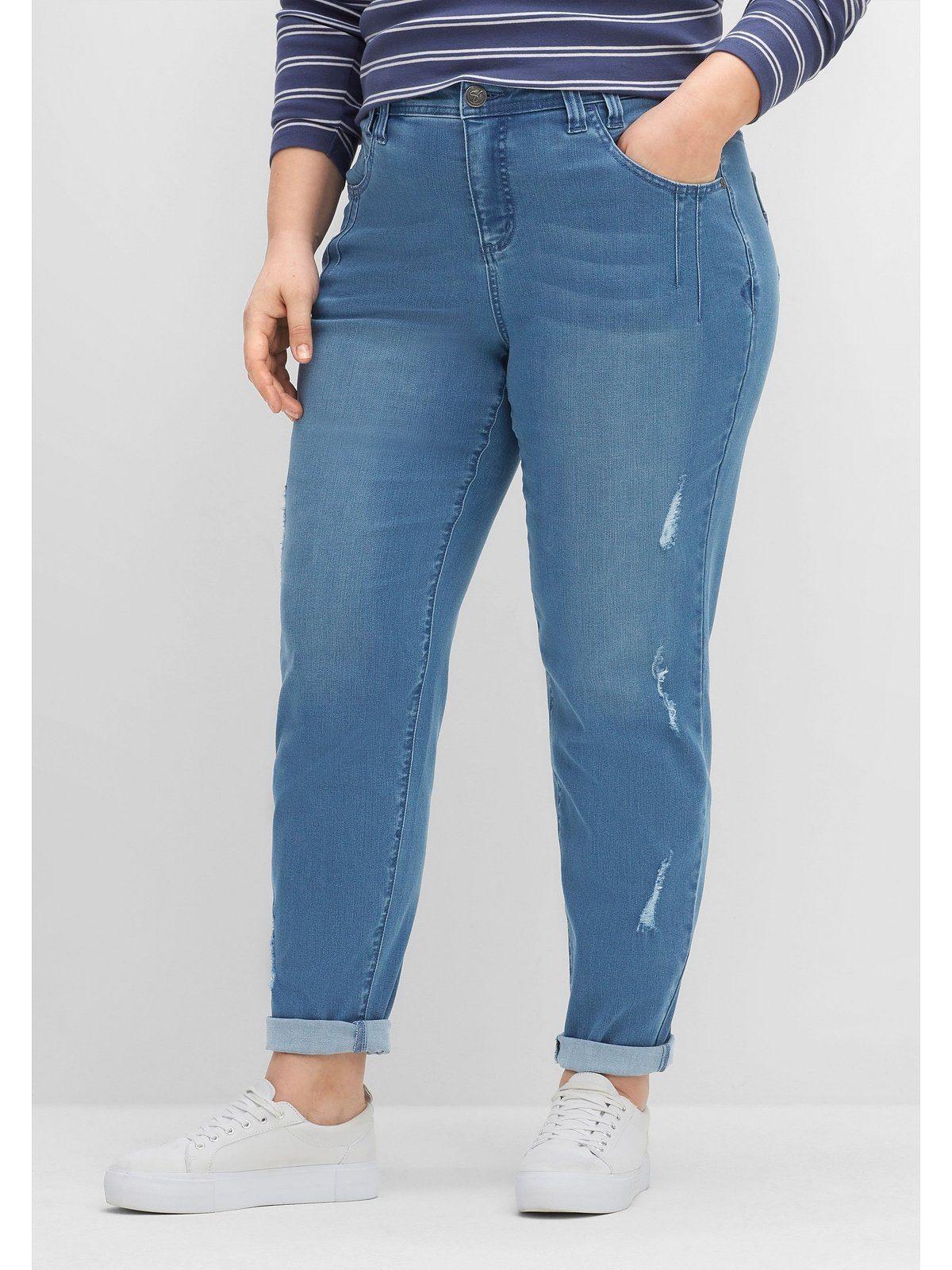 Sheego Girlfriend-Jeans Große Größen mit Destroyed-Effekt, Teilgummibund | Bootcut Jeans