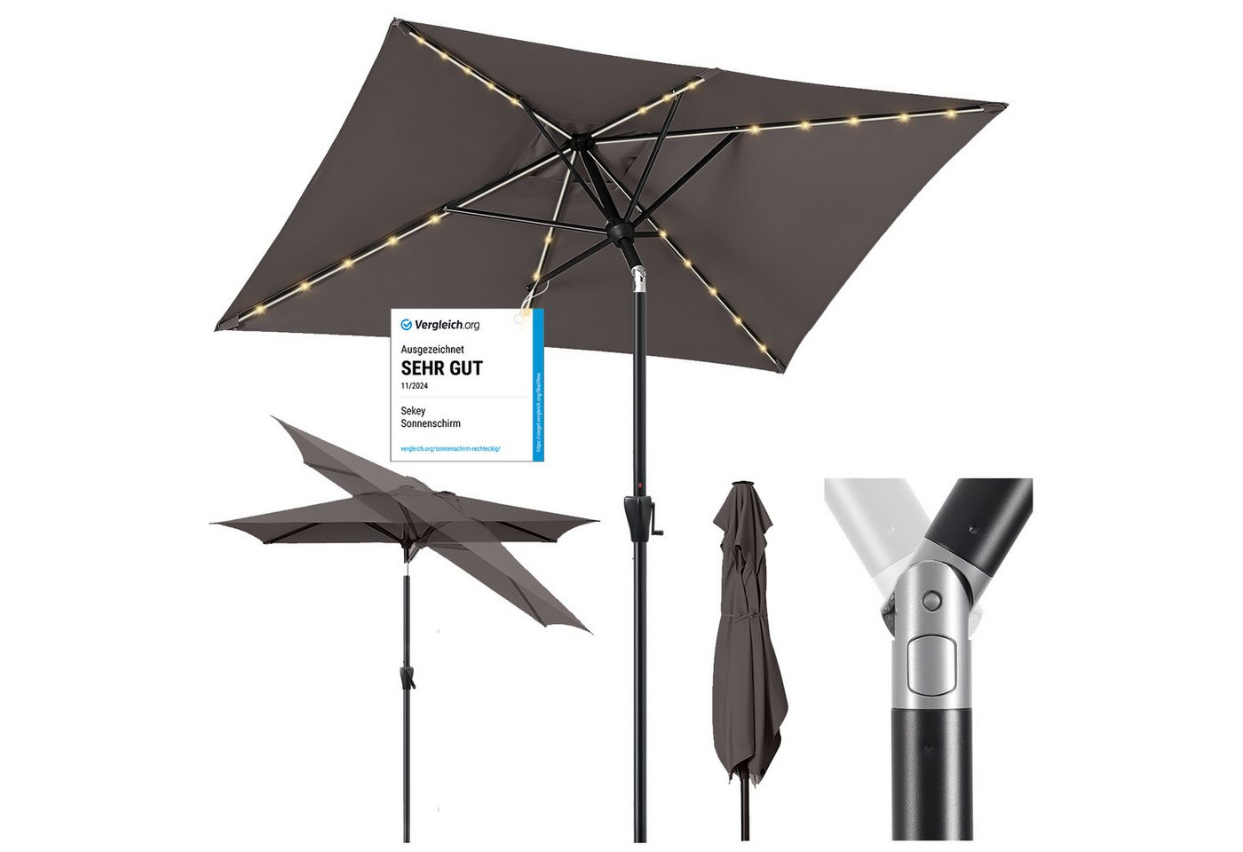 Sekey Sonnenschirm 210 x 140 cm Aluminum Sonnenschirm Rechteckig Marktschirm mit Kurbel, LxB: 210,00x140,00 cm, mit/ohne LED-Lichtern, Sonnenschutz UV50+, Gartenschirm Knickbar