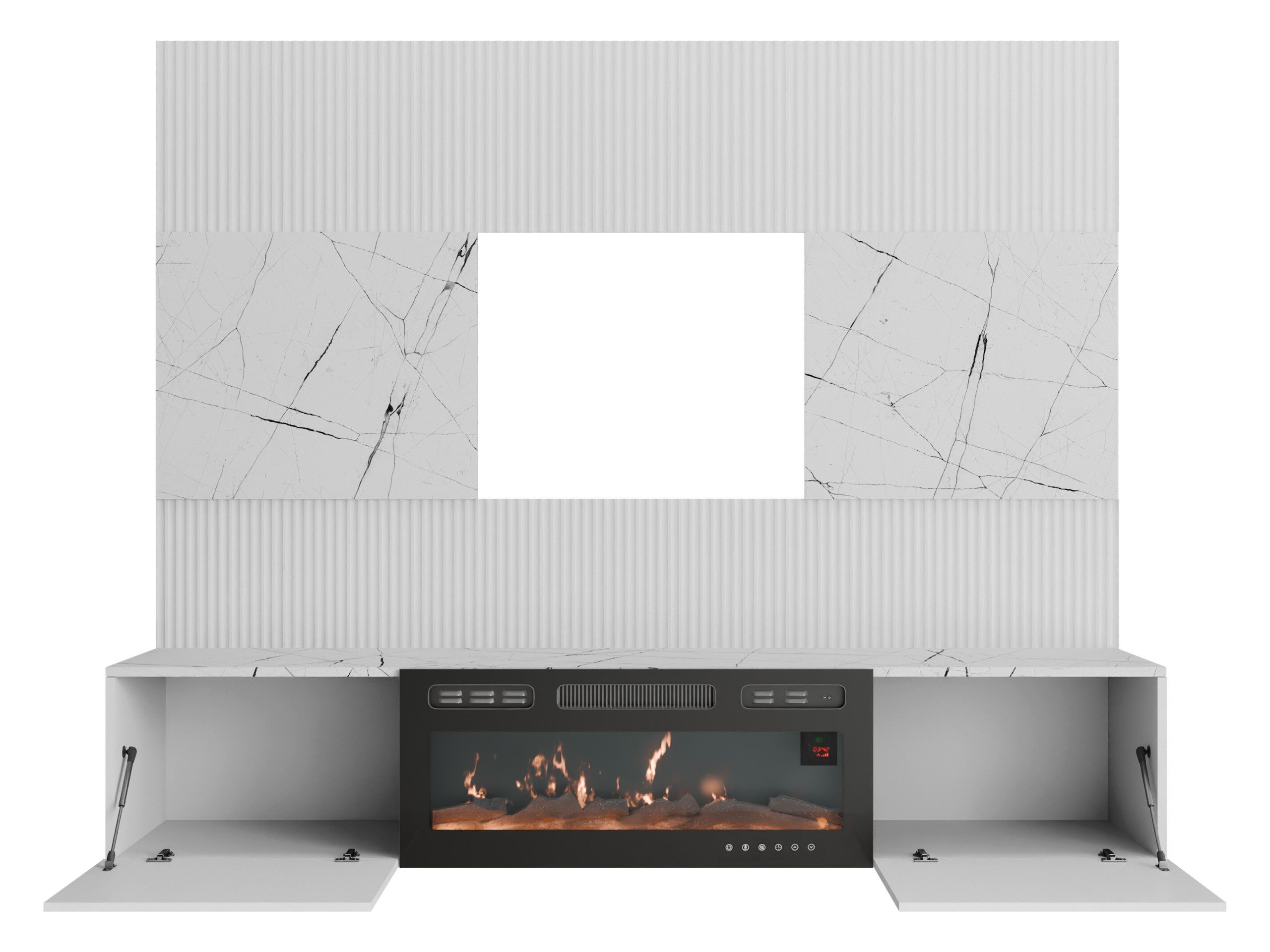MIRJAN24 Wohnwand Deromi III mit Kamin, (2er-Set, TV-Lowboard mit Wandpaneel), Realistische LED-Flamme, Griffloses Öffnungssystem – Bild 5 von 5