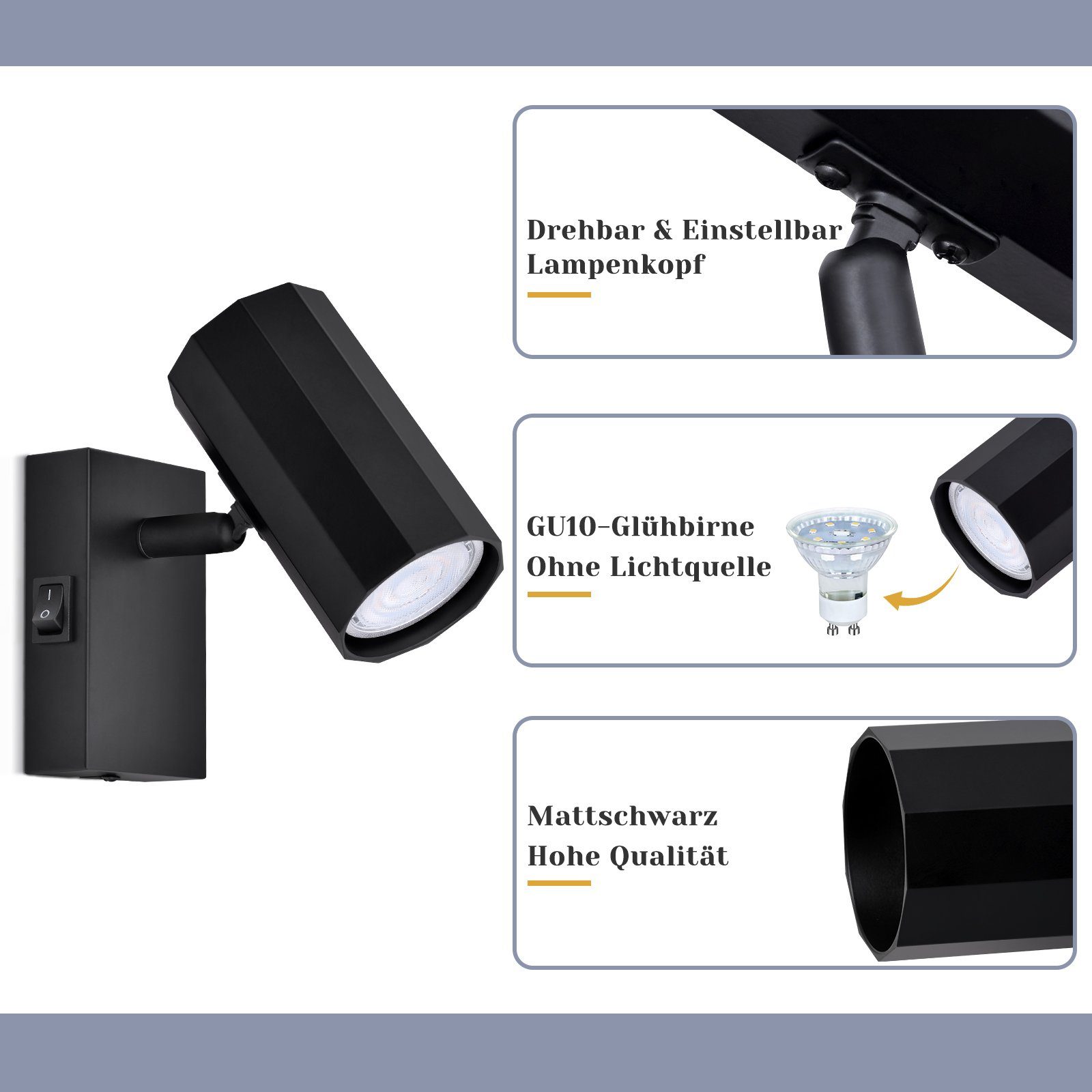 Nettlife Wandstrahler Wandspots 1 Flammig Schwarz GU10, Schwenkbar 330°, LED fest integriert, Wohnzimmer Küche Schlafzimmer. Reduzierter Preis € 17,98. Unverbindliche Preisempfehlung € 39,99