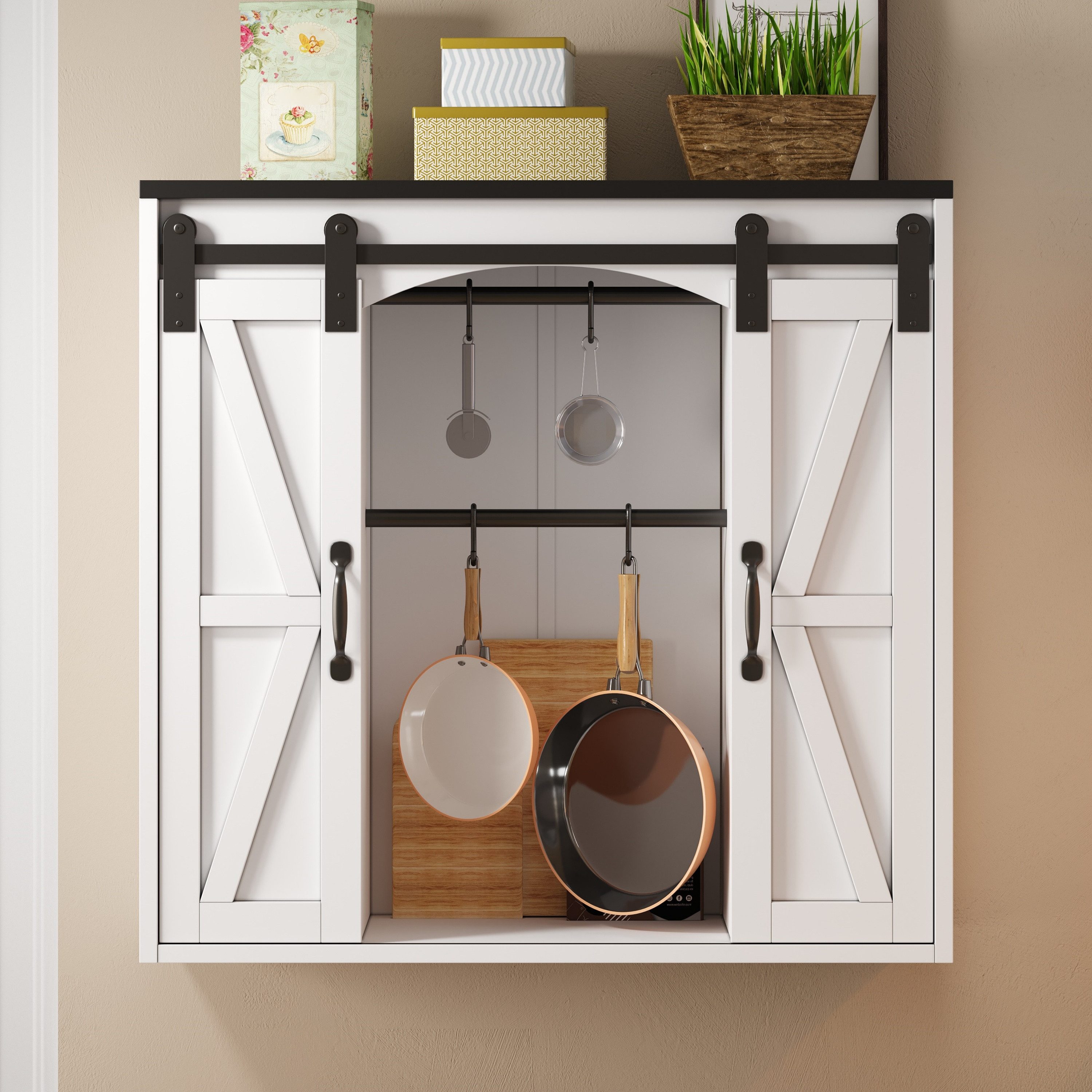 Flieks Hängeschrank Wandschrank Küchenschrank mit 2 Schiebetüren und Haken (für Küche, Wohnzimmer, Badezimmer, B80xT31xH76 cm, 1-St., Scheunentor-Design Landhausstil) Wandmontage Badkommode mit verstellbarer Einlegeböden Weiß
